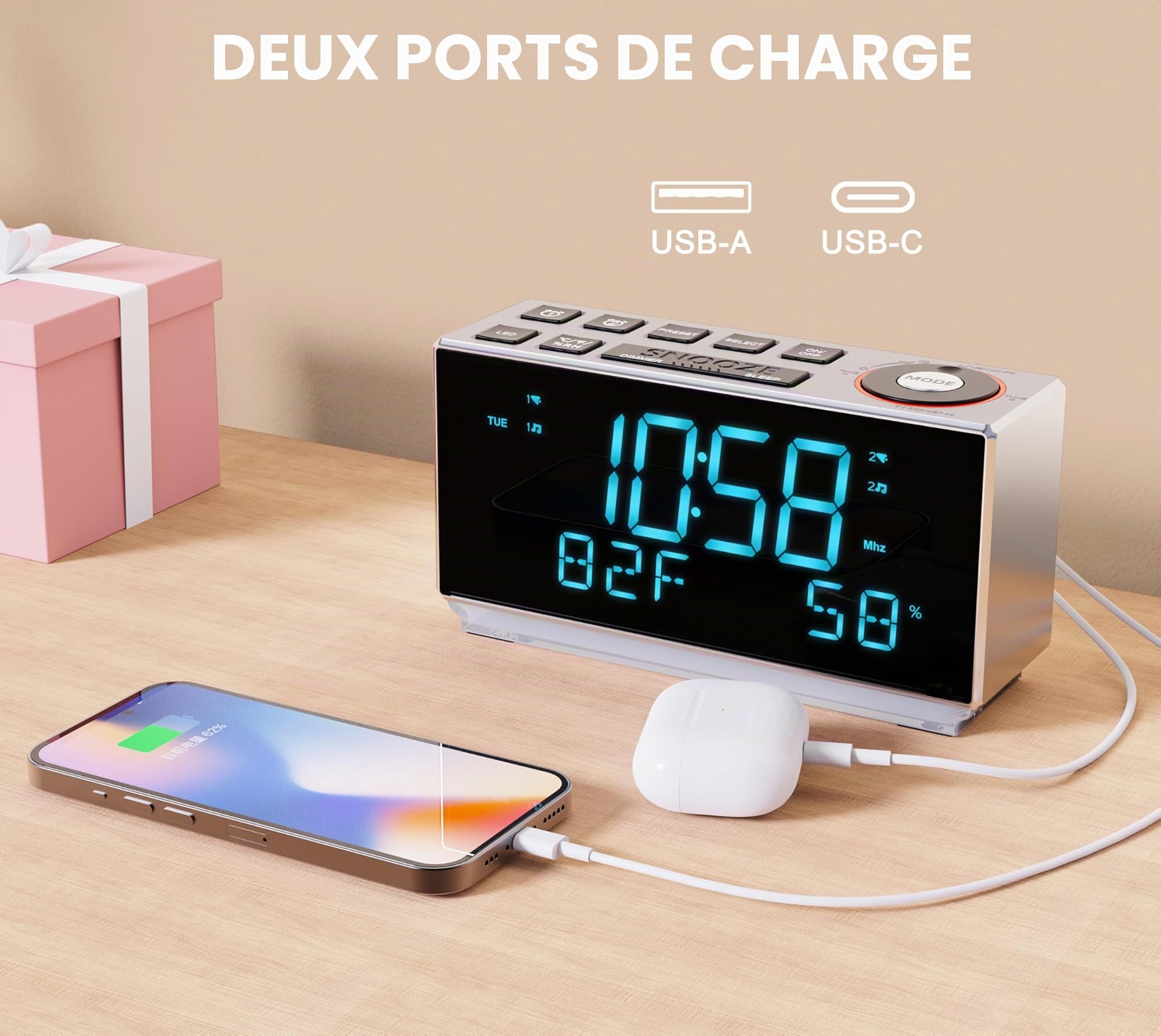 Radio-réveil DAB+ et FM avec Bluetooth, 40 préréglages, écouteurs, double réveil avec répétition et minuterie de sommeil, deux ports de charge, intensité variable, affichage de la température et de