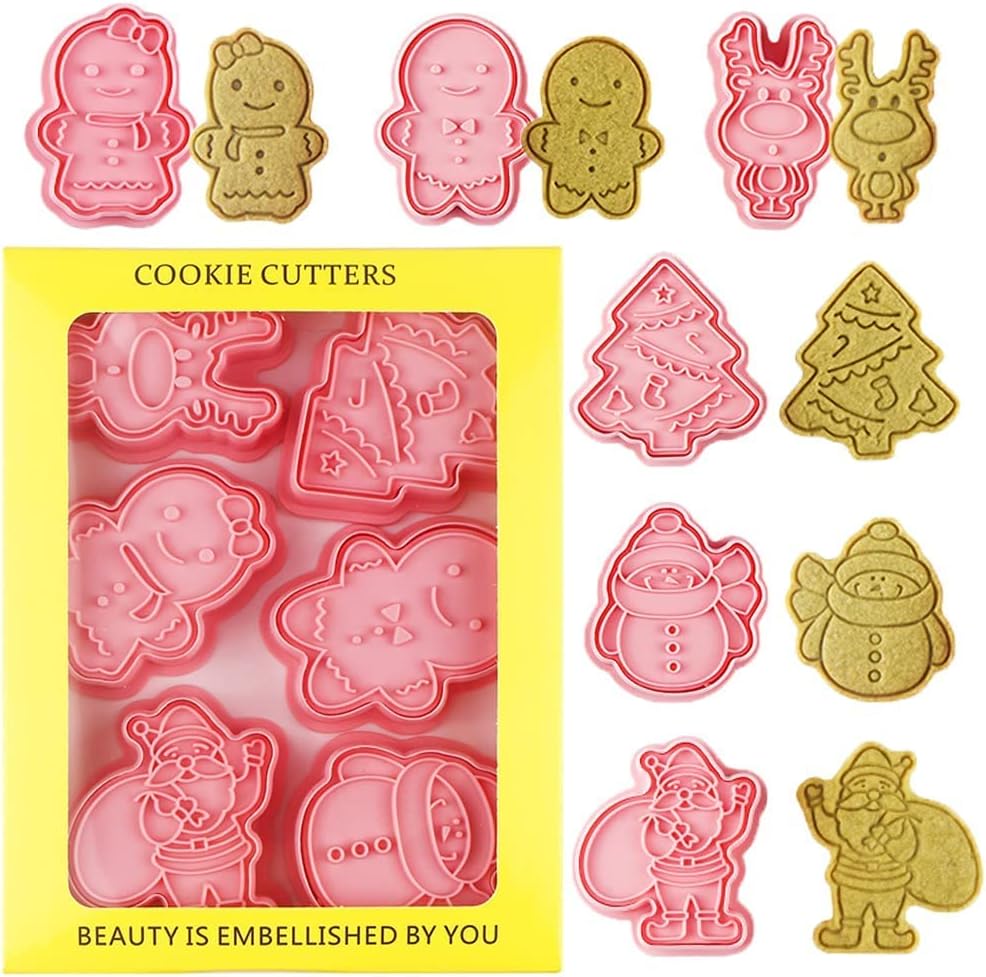 6 Pcs Christmas Cookie Cutters Set Christmas Biscuits Cutter Molds,Cookie Stamp Fondant Cutters for Santa Claus,snowman,elk,Christmas Tree,gingerbread Man (Pink 1)