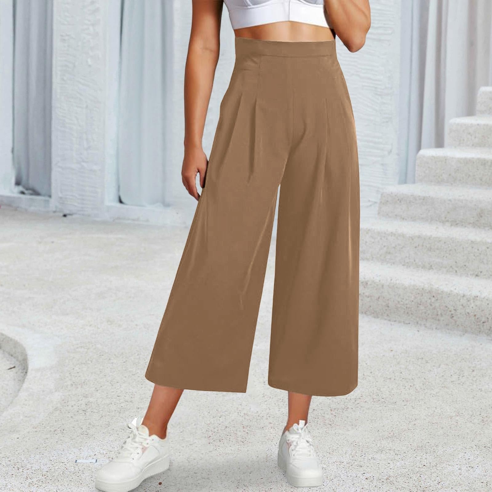 Weite Hose Damen 3/4 Sommerhose Damen Leicht Caprihose Damen Sommer Weite Bein Hosen High Waist Capri Stoffhose mit Gummizug Locker Dreiviertel Freizeithose Culotte Arbeitshose