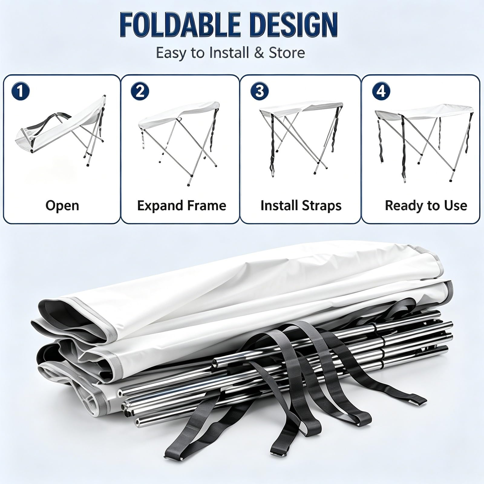 Tendalino Barca 2 Archi, Oxford 600D Idrorepellente, Telaio Alluminio con Giunti Inox, Pieghevole, Parasole per Pesca, Pontoni e Gommoni, 140 x 100 x 115 cm, Bianco