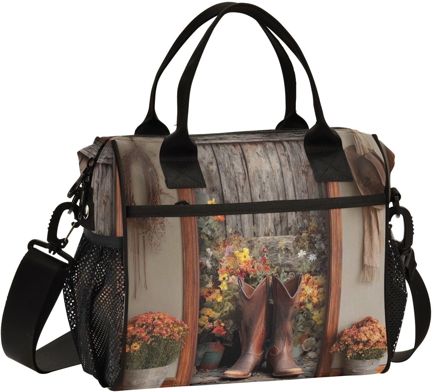 Western Cowboy Boots Floral Lunch Bag Reusable Lunch Box for Office Picnic Hiking Beach, Insulated Cooler Tote Food Container with Adjustable Shoulder Strap for Men Women Adults
