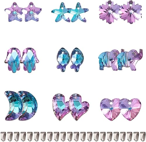 Miniatura 3 de Pandahall - 36 dijes de cristal facetado K9 con forma de corazón, estrella, luna, copo de nieve, pez, piedras preciosas de amatista, con fianza a