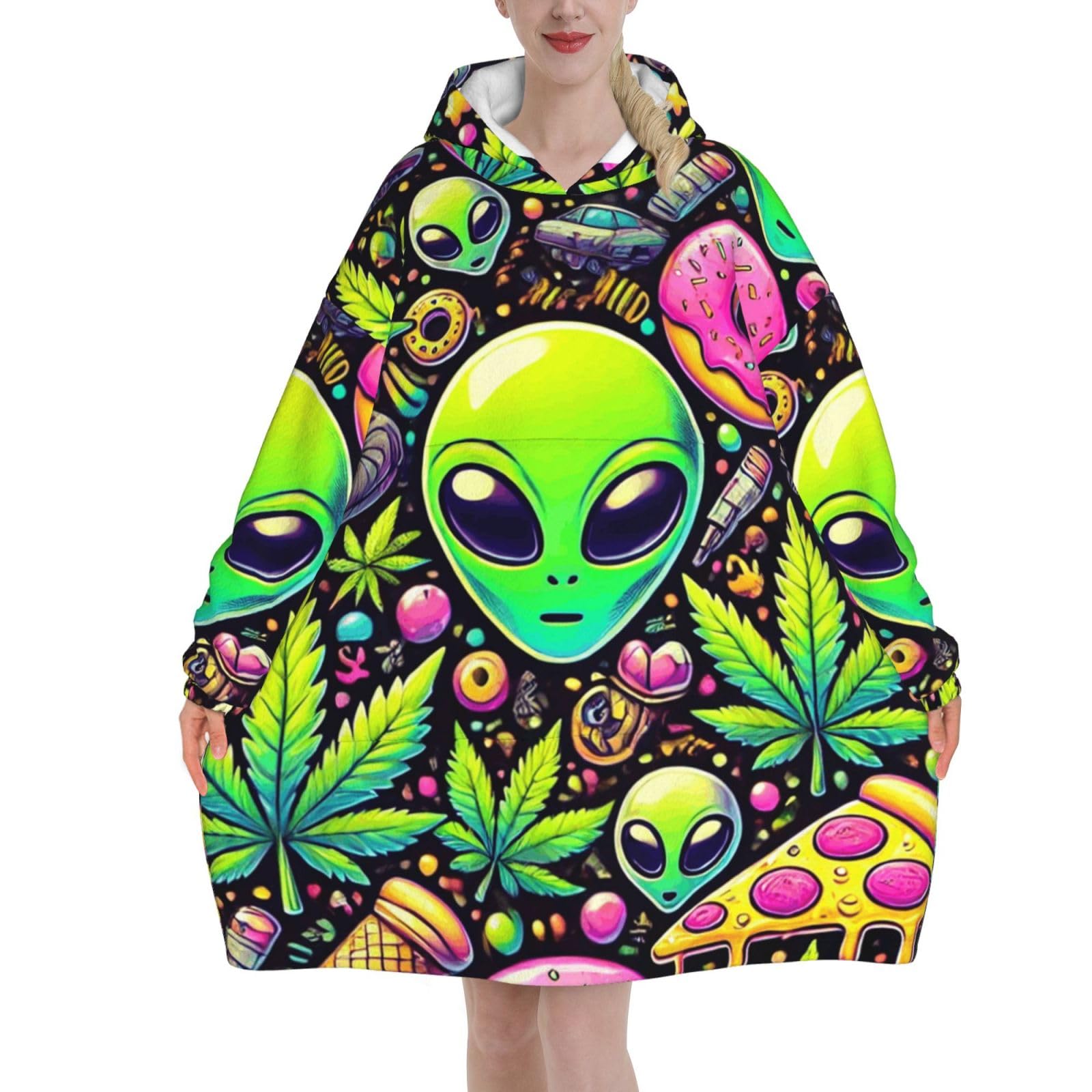 Wearable Blanket Hoodie Oversized Alien Donut Leaf Weed Pizza Large Hooded Blanket Jumper For Men,Women