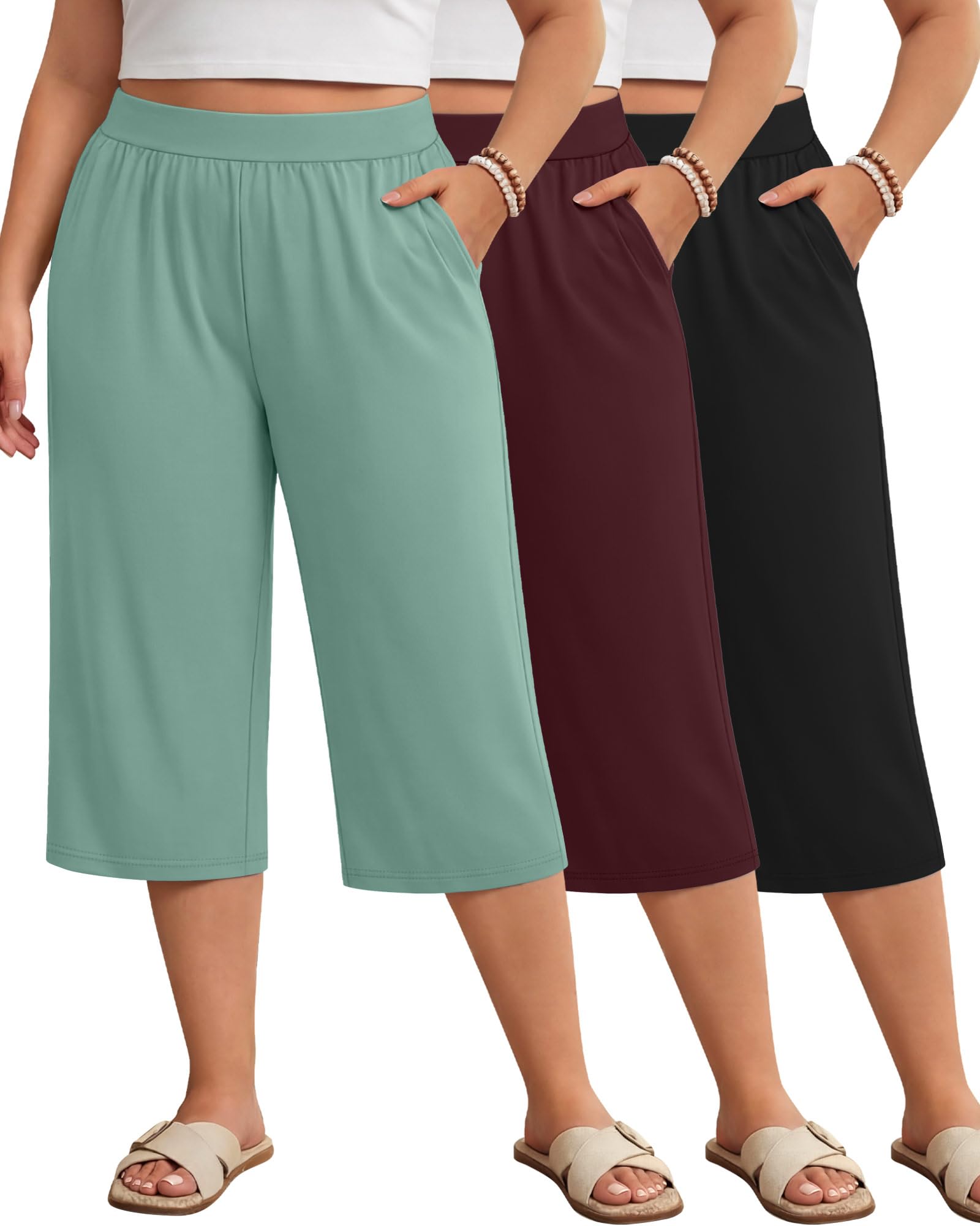 Huukeay 3 Pack Women's Plus Size Capri Pants Loose Fit Wide Leg Capris Sweatpants Summer High Waisted Yoga Pants with Pockets