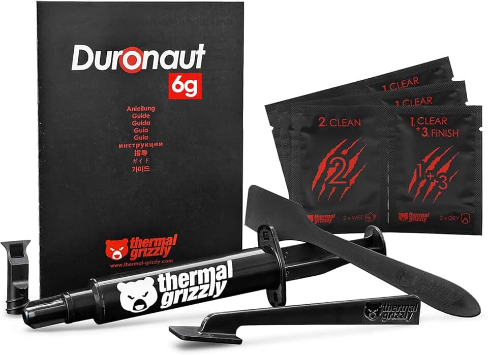 Thermal Grizzly - Duronaut - 6 gramas - Durabilidade aprimorada e pasta térmica de alto desempenho - para máxima condutividade durante overclocking CPU/GPU/PS4/PS5/Xbox com 12 lenços de limpeza, 6