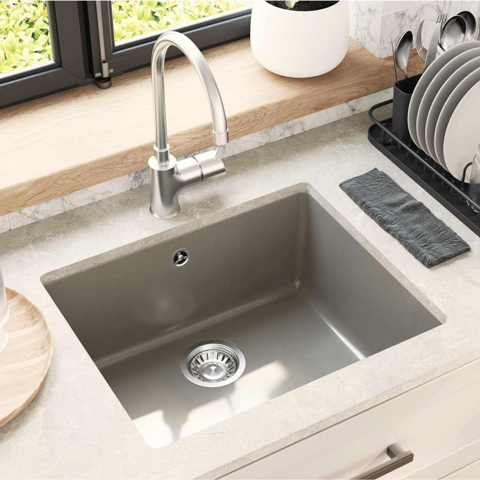 Lavabo gris 530 x 460 mm de 80% cuarzo y 20% resina con desagüe y accesorios para cocinas modernas, fregadero de granito duradero, resistente a los arañazos, resistente al calor hasta 280 °C