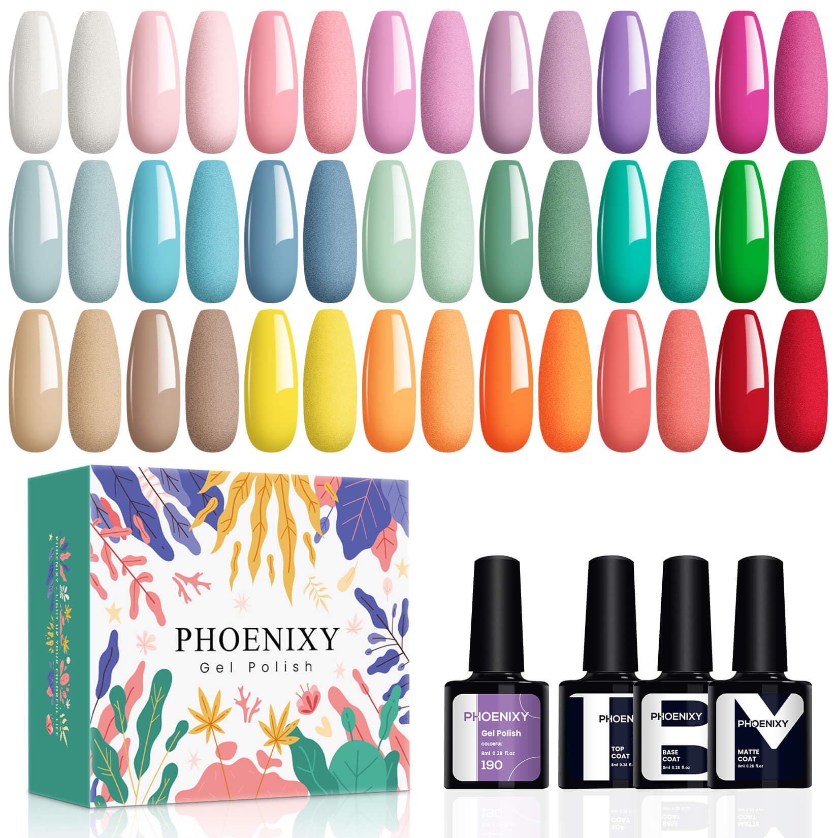 Phoenixy 24Pcs Esmalte Semipermanente para Uñas Gel U V/LED 21 Colore de Pintauñas Semipermanentes con Base, Top Coat Brillante y Mate