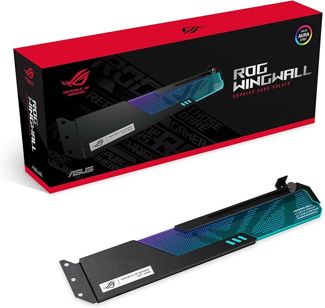 ASUS ROG Wingwall Graphics Card Holder - Easily Adjustable, Aura Sync RGB Lighting, Aluminum Structure, Customizable Acrylic Plate, Universal GPU Support (ROG-WINGWALL-HOLDER)