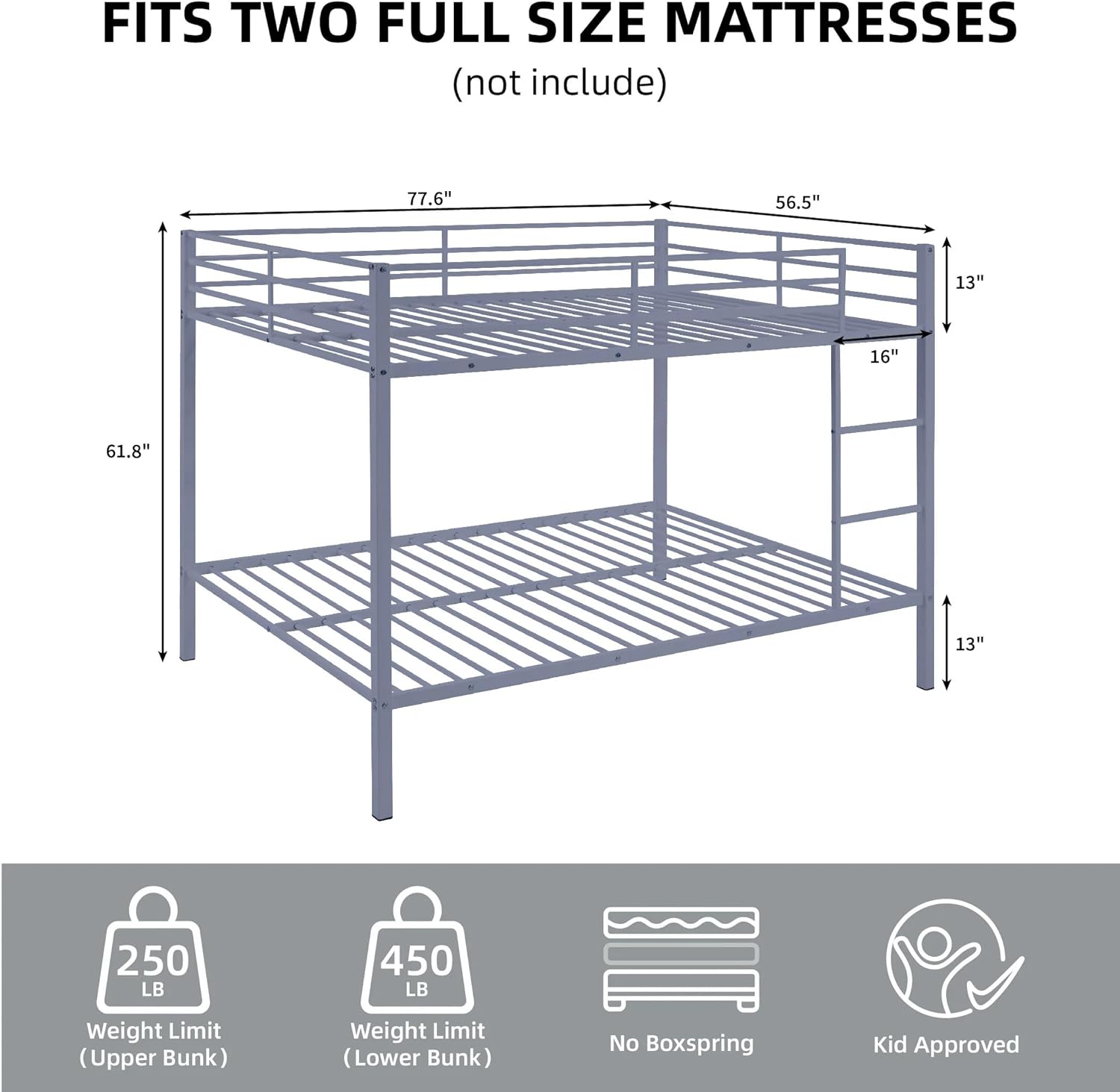 Full Over Full Bunk Bed Frame - Heavy Duty Metal Bunk Bed with Safety Guard Rails & Built-in Ladder, Low Profile Design for Teens, No Box Spring Needed, Space-Saving for Small Rooms，Grey