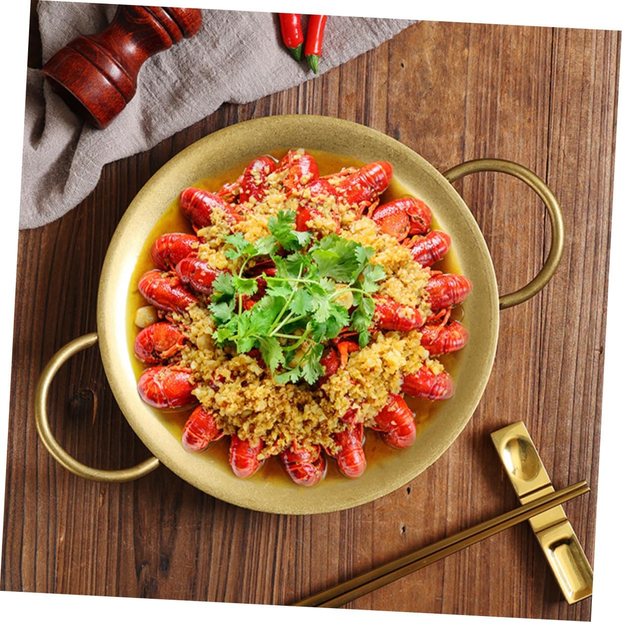 Stainless Steel Paella Pan 20.5cm Retro Gold Double Handle Spanish Seafood Rice Pan for Home and Restaurant Cooking