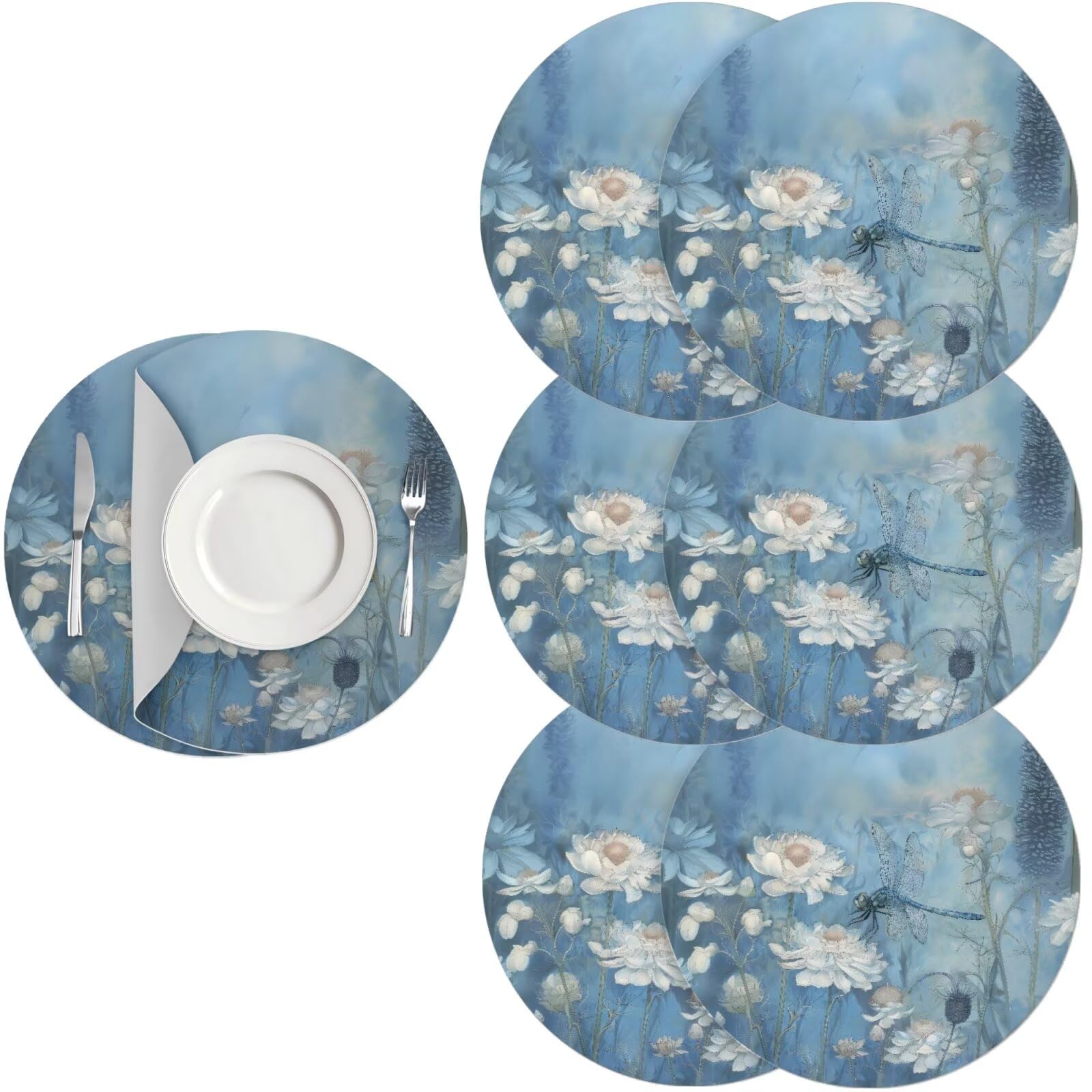 Generic Boho Flower Butterfly Placemats Set of 6 Washable Place Mats for Round Table Non-Slip Wipeable Placemats Round Leather Home Decorations for Table Decor for Dining/Kitchen โ image 1