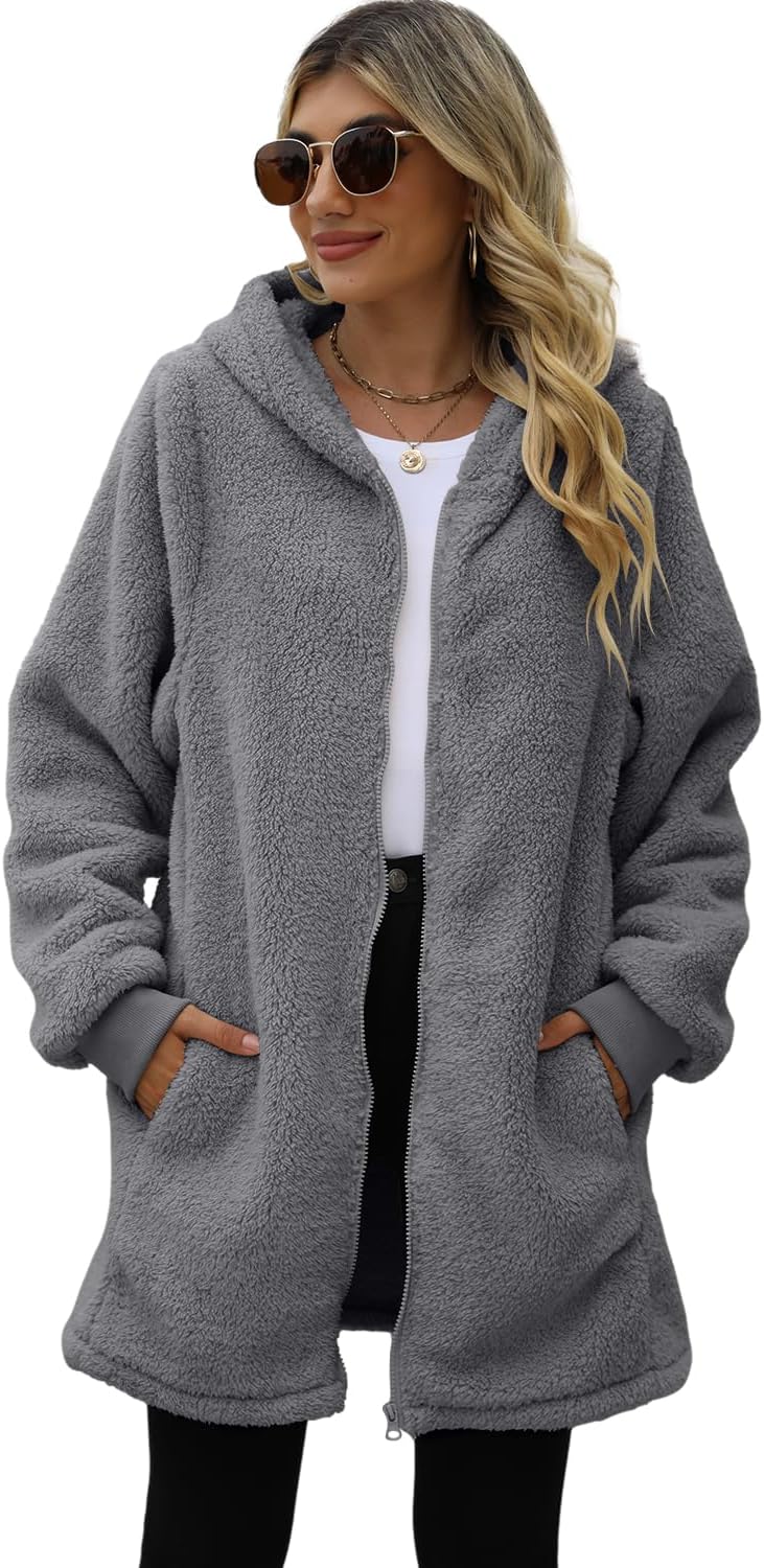 ReachMe Womens Fleece Zip Up Jacket with Pockets Oversized Long Sherpa Hoodie Fuzzy Jackets Warm Teddy Coat - Image 5