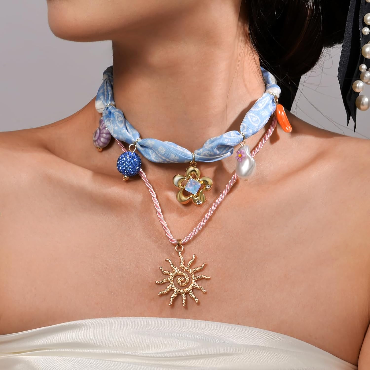 2Pcs Scarf Necklace with Charm Fish Conch Flower Pendants Charm Layered Necklaces Scarf Boho Summer Beach Jewelry Gift for Women - Image 4