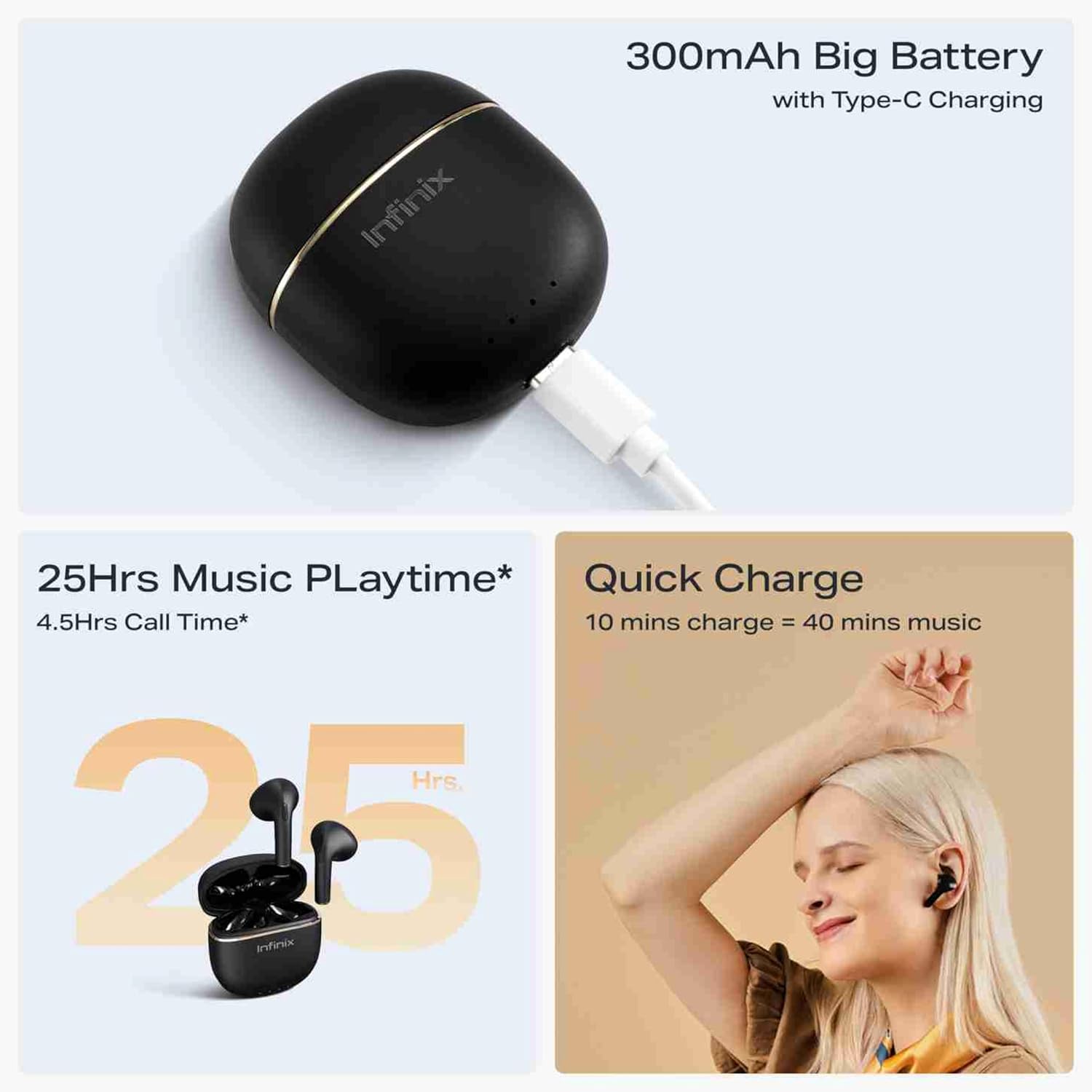 Diagram showing 300mAh battery with Type-C charging, 25 hours music playtime, and quick charge feature.