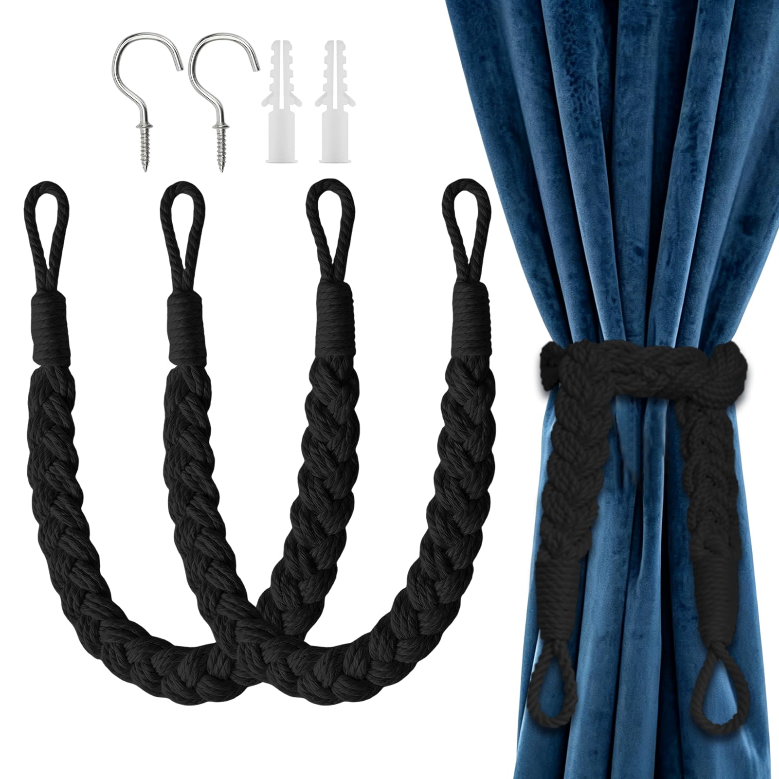 Curtain Tie Backs Set of 2, Black Braided Curtain Rope with Metal Hooks, Elegant Window Drapery Holdbacks for Living Room & Bedroom, Boho Farmhouse Curtain Ties for Thick Drapes