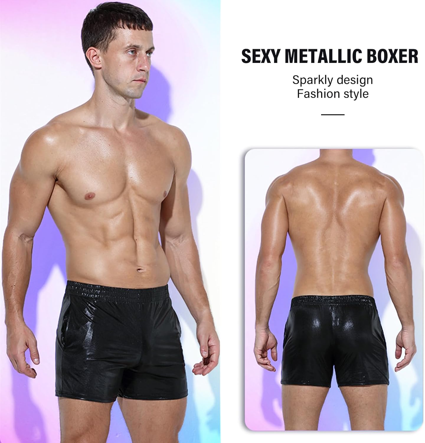 Mens Metallic Shorts Sparkly Shiny Holographic Short Pants Rave Outfits Booty Shorts with Pockets - Image 4