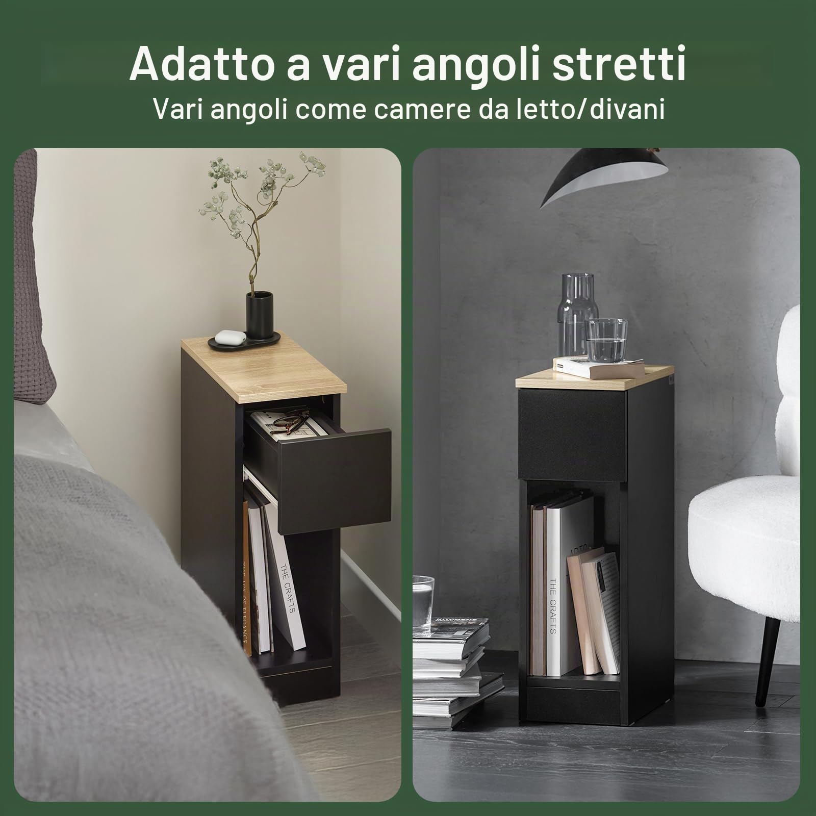 SoBuy set da 2 Comodino camera da letto stretto 20 cm con cassetto comodino salvaspazio & tavolino da letto per piccoli spazi camera da letto soggiorno nero 20x35x60 cm FBT111-SCHx2
