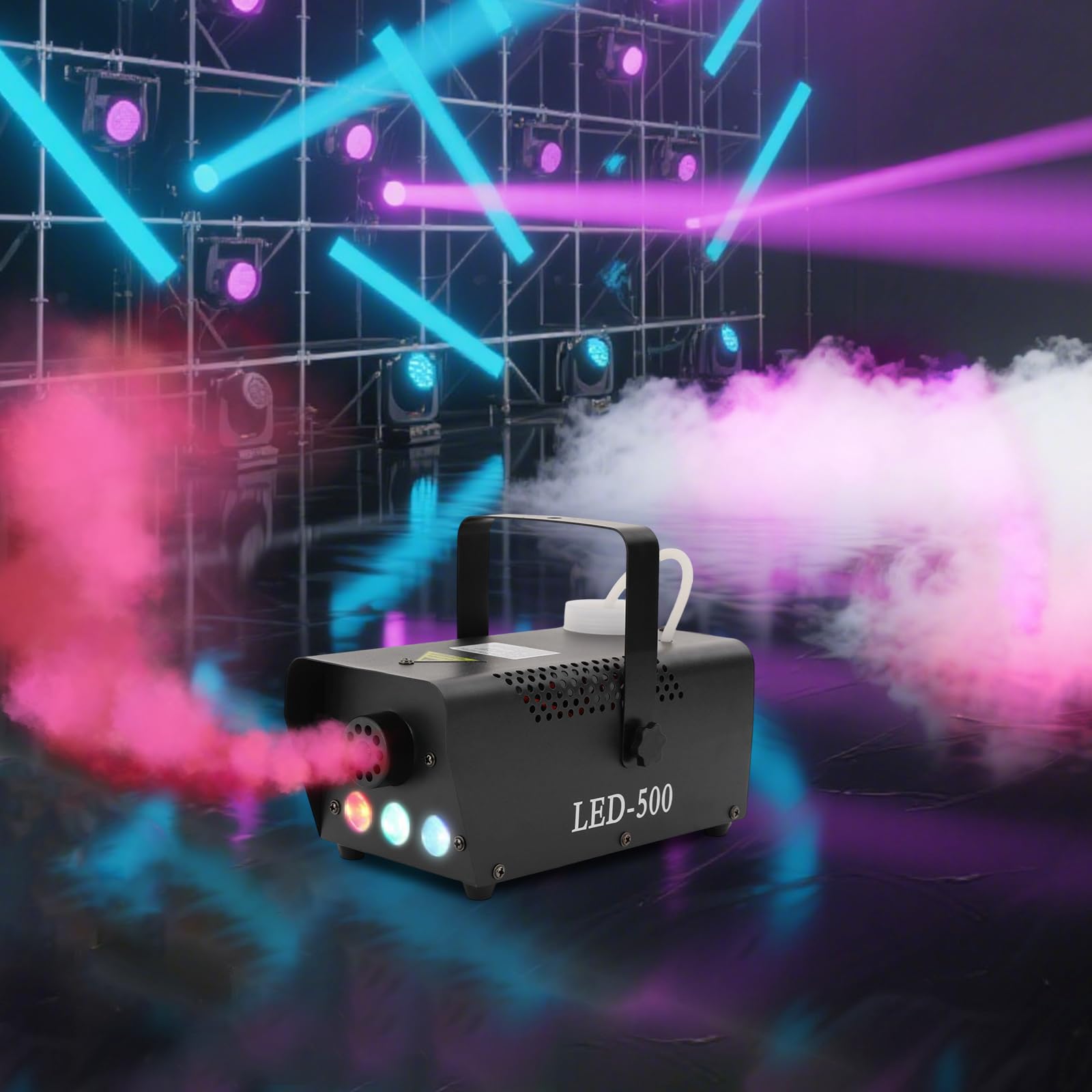 Macchina per nebbia da 500 W con effetto luce LED, Mini Smoke Machine con luce RGB 3 in 1, telecomando e controllo cavo, serbatoio da 0,3 l, tempo di riscaldamento rapido, palcoscenico, feste, DJ