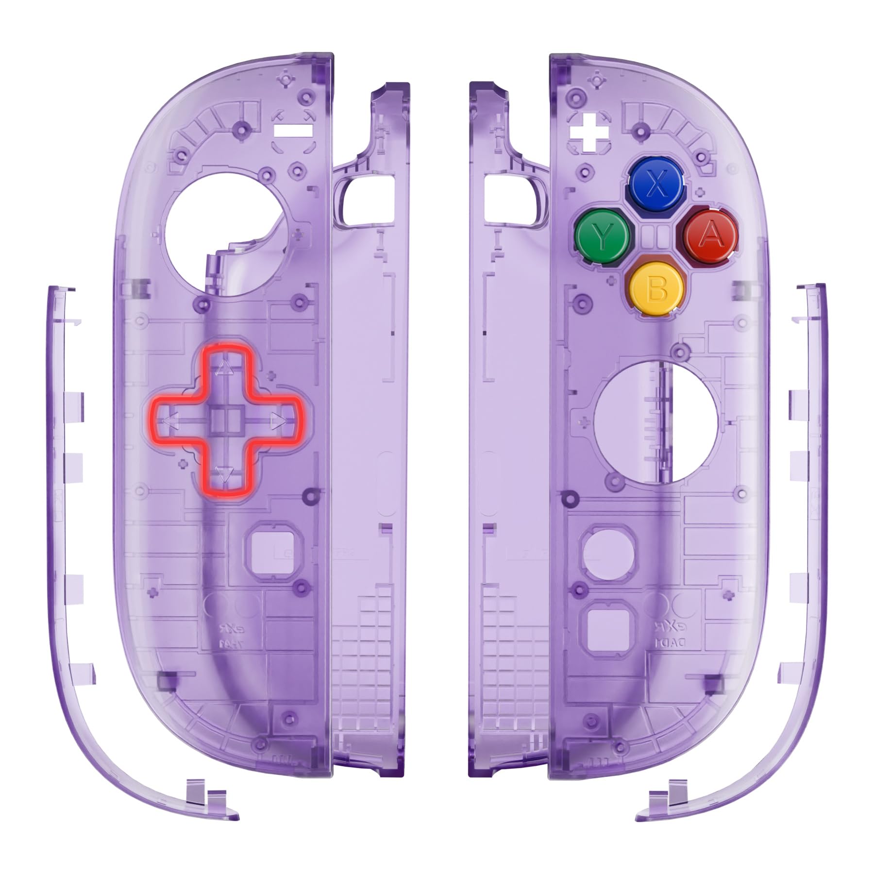 eXtremeRate Ersatz D-Pad Ver. Gehäuse Set für Switch 2 Joycon, Essence Version Custom Grips Shell/Deko Streifen/ABXY/Dpad Buttons Zubehör für Nintendo Switch 2 Joy Con-Transparent Lila