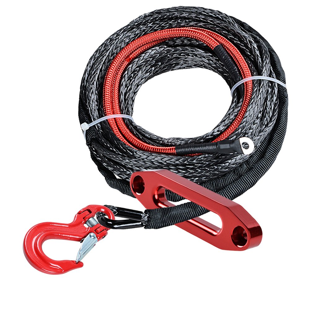 Astra Depot Black Synthetic Winch Rope Cable 5400LBS 22 inch (eat Guard Protective Sleeve w/RED Heavy Duty Half-Linked Hook + Red Hawse Fairlead Recovery for ATV UTV Ramsey KFI (50ft x 3/16 inch (