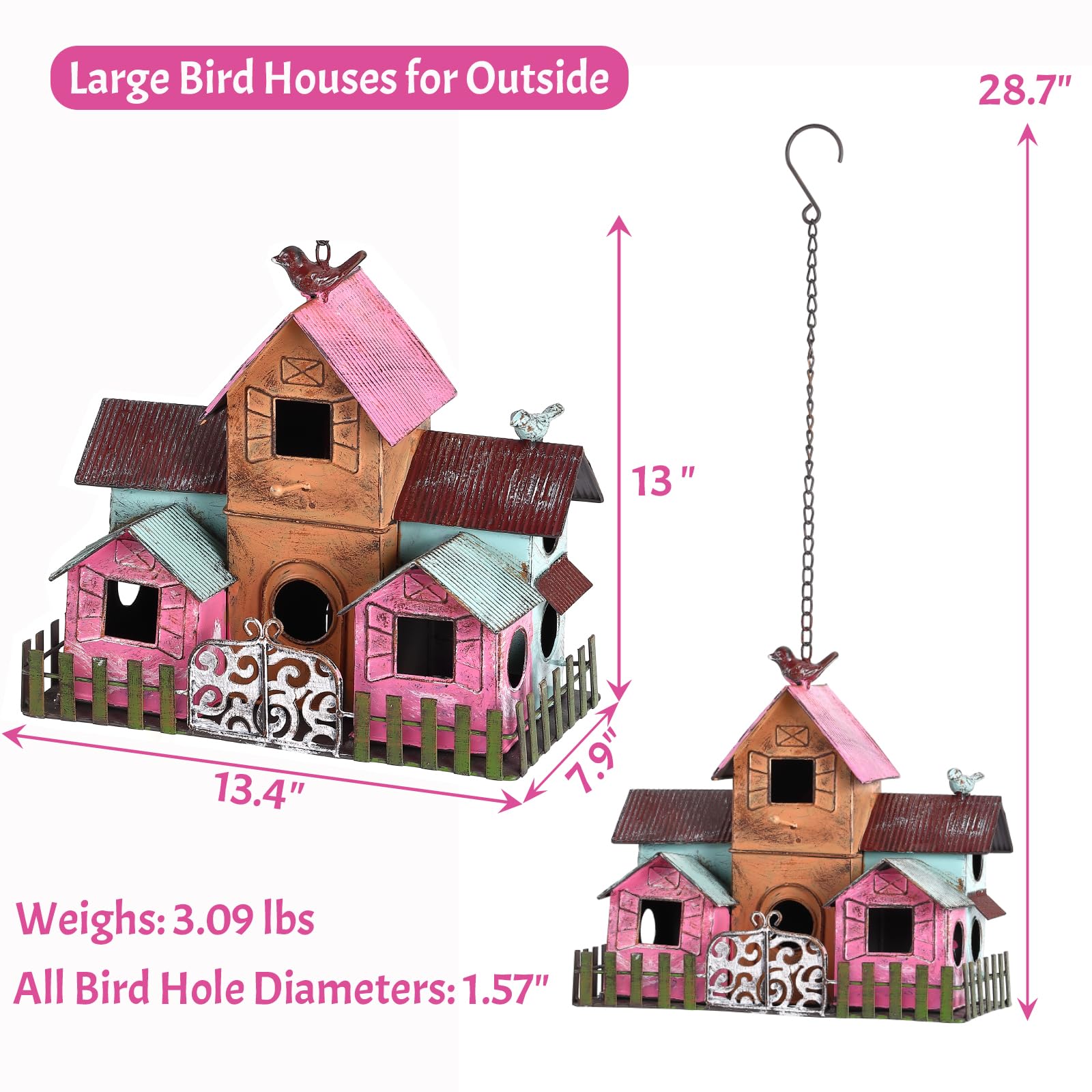 Casas grandes para pájaros para colgar en el exterior, casas de pájaros de metal para exteriores con 5 compartimentos para que los pájaros aniden, casa colorida duradera para pájaros de 10 agujeros