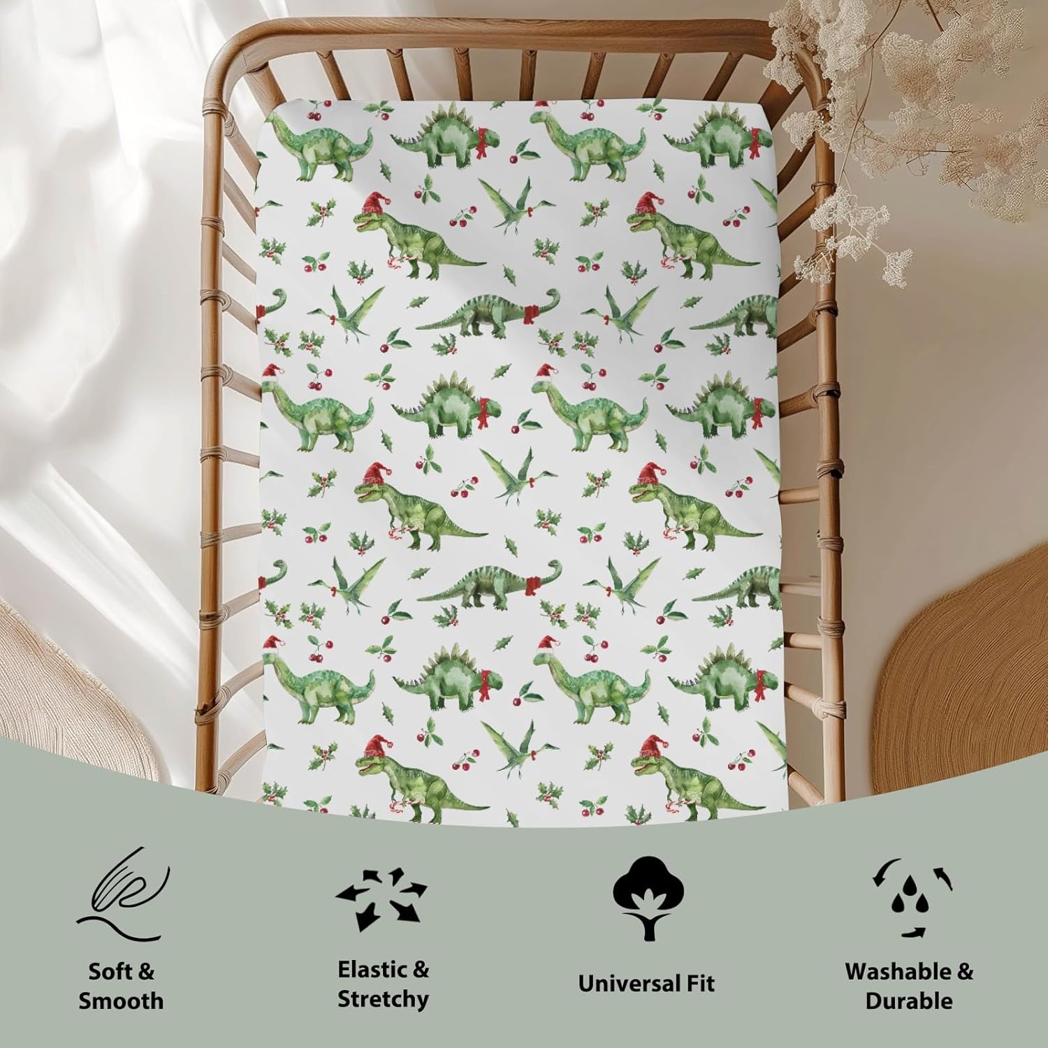 Christmas Dinosaur Santa Hat Baby Crib Sheets for Boy Girl 28"x52" Green Dinosaurs Fir Cherry Leaves Soft Snug Fitted Crib Mattress Cover Winter Holiday Baby Sheet for Standard Crib & Toddler Mattress