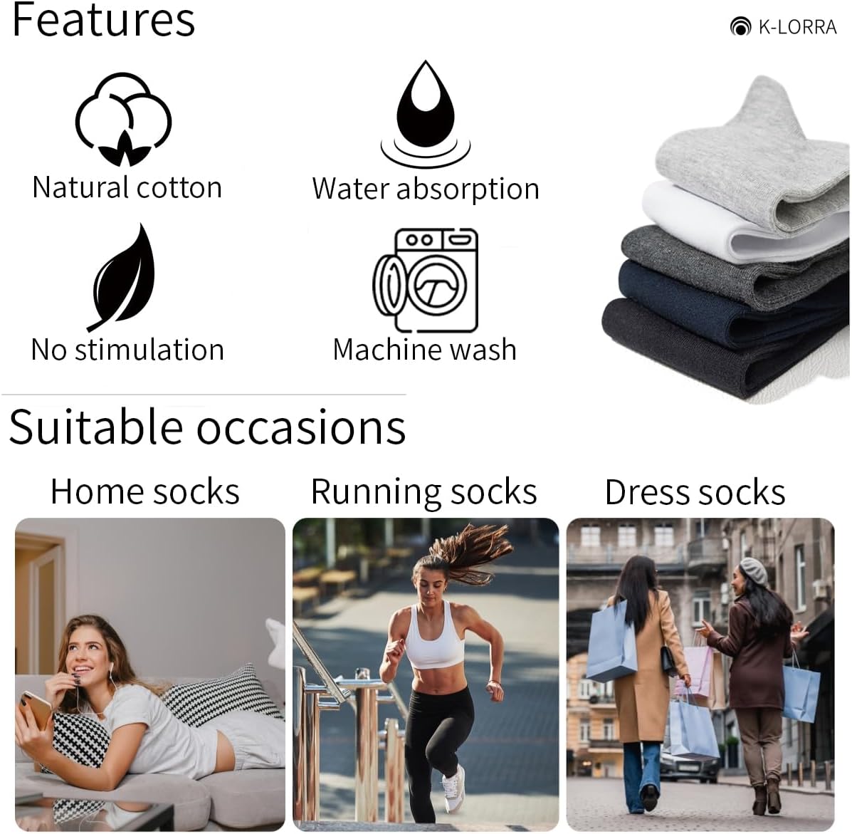 K-LORRA Casual Cotton Crew Socks For Women and Men,White Black Grey Dress Socks, 6 Pairs, Size 6 to 13 - Image 5