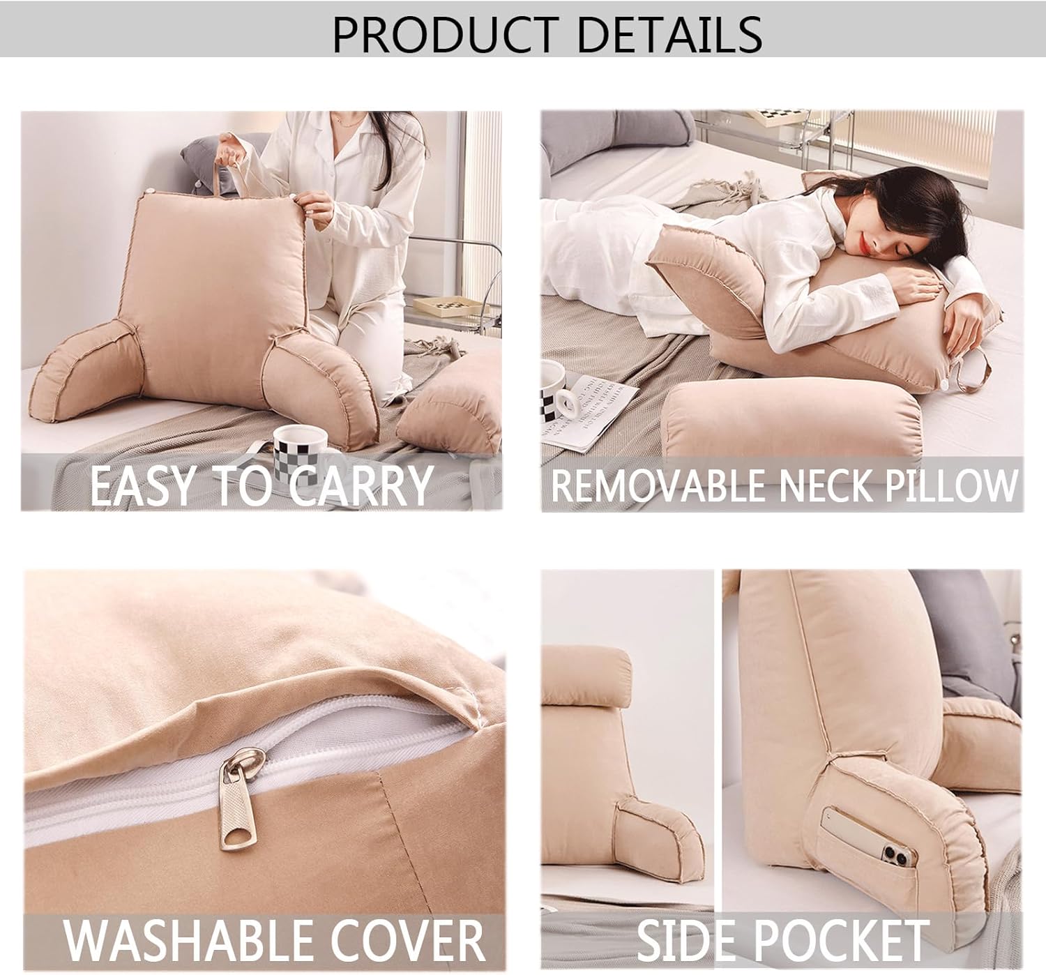 Bed Rest Reading Pillow with Armrest - Lumbar Support Cushion with Washable Cover and Pouch - Sofa and Bedside Cushion Sofa Cushion - Adult Backrest Cushion for Playing Games 75cm X 40cm X 65cm