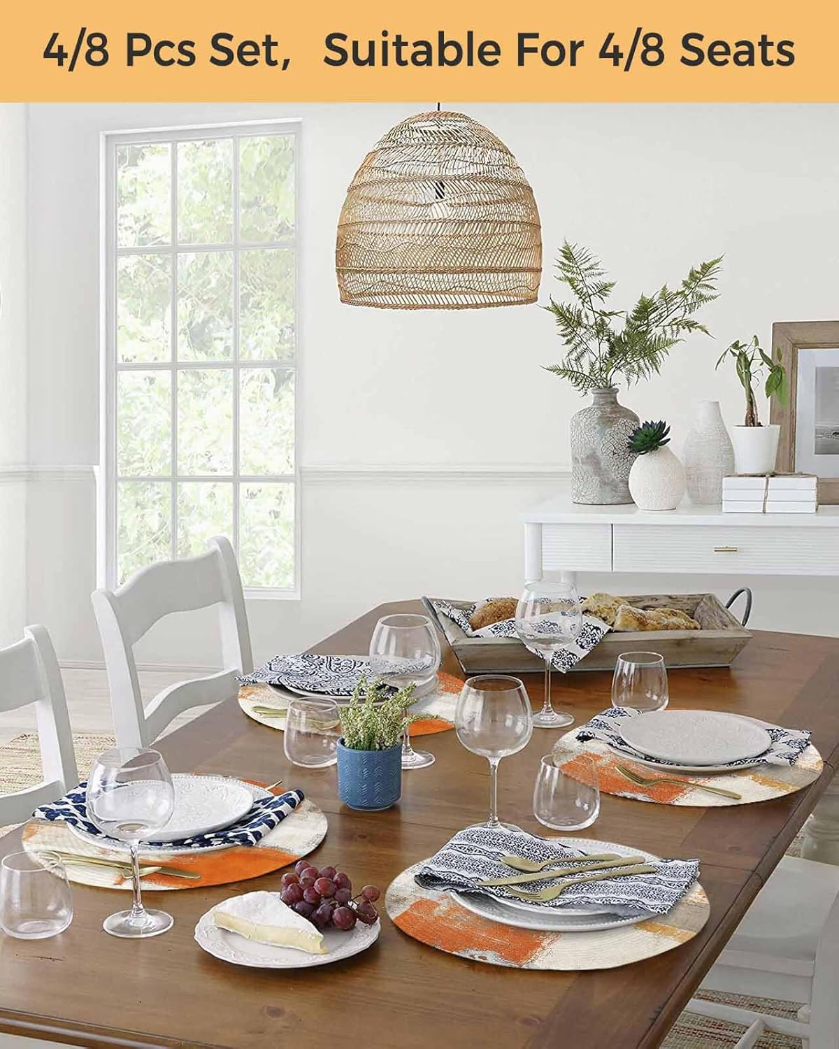 Round Placemats Set of 8 Orange Gray Beige Block Place Mats Washable Woven Placemat Abstract Art Circle Braided Table Mat for Kitchen Dining Table Party Home Decor 15 Inch