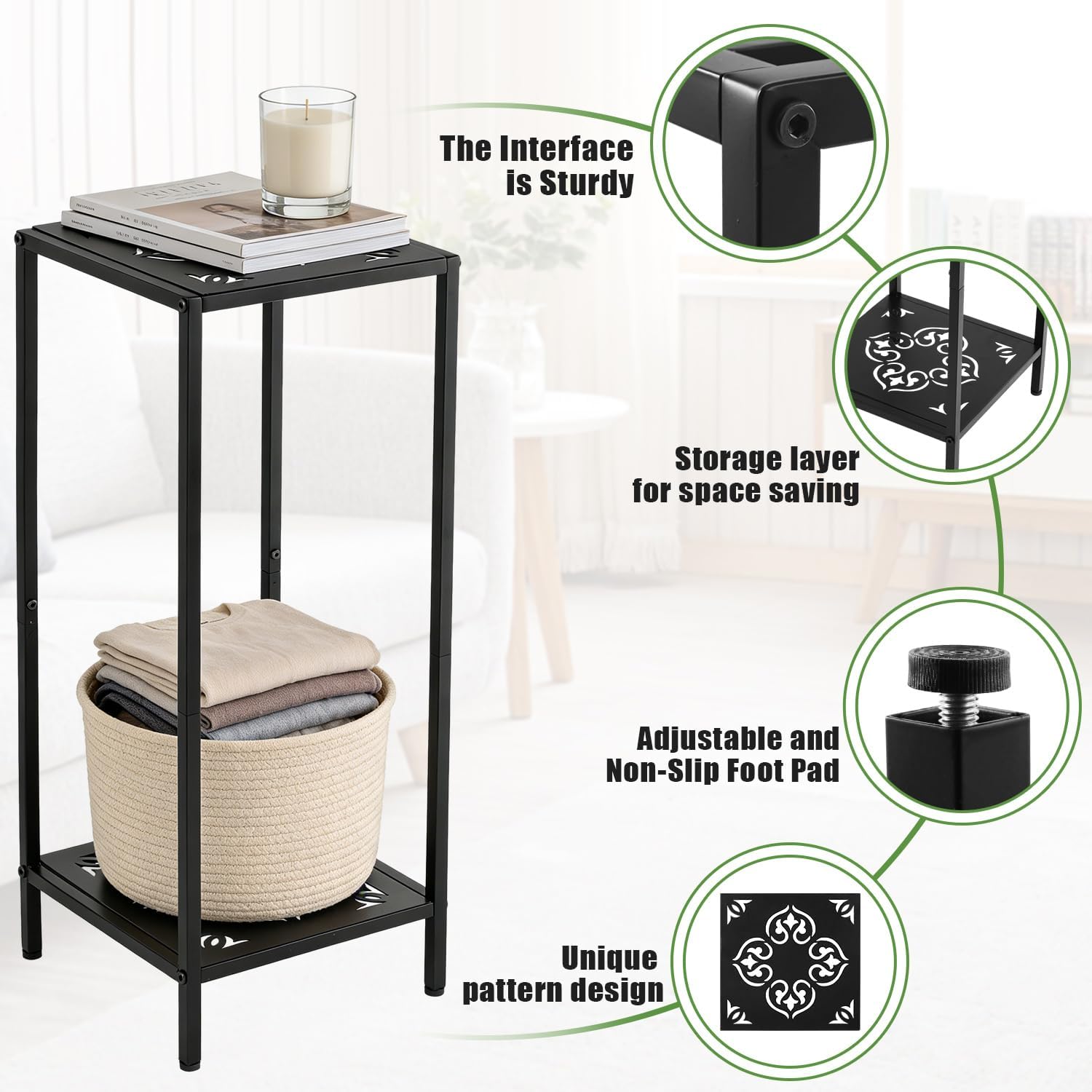 Party Zealot 2-Tier Tall Metal Square Plant Stand 31" Heavy-Duty Modern Flower Pot Rack for Indoor Living Room, Corner Side Table for Outdoor Patio, Garden, and Balcony Black, Vintage scroll