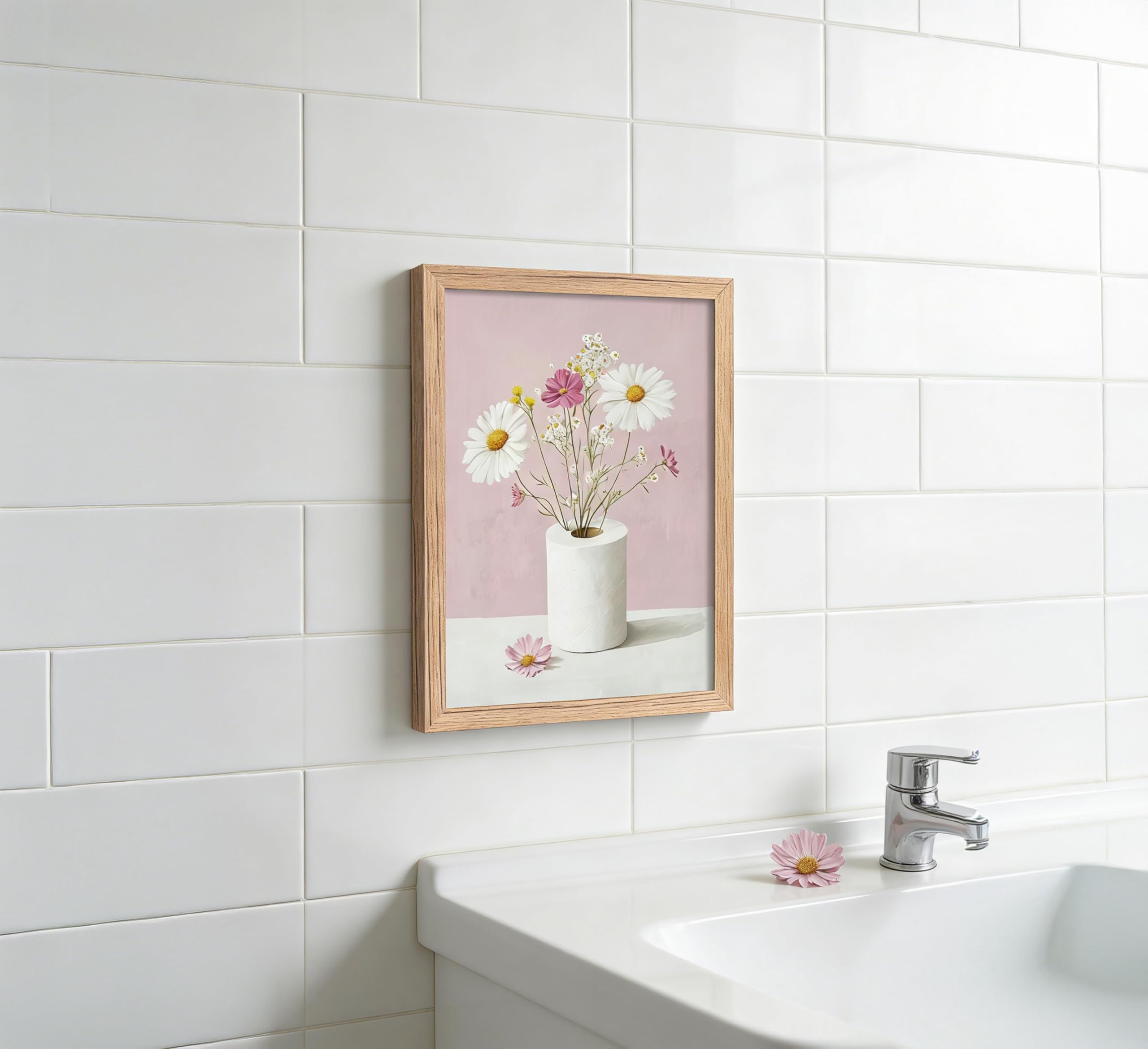 Framed Funny Bathroom Canvas Wall Art,Pink Daisy Floral Botanical Painting Picture Wall Decor,Minimalist Toilet Paper Flower Poster Print Artwork,for Restroom Toilet Home Decoration, — view 3