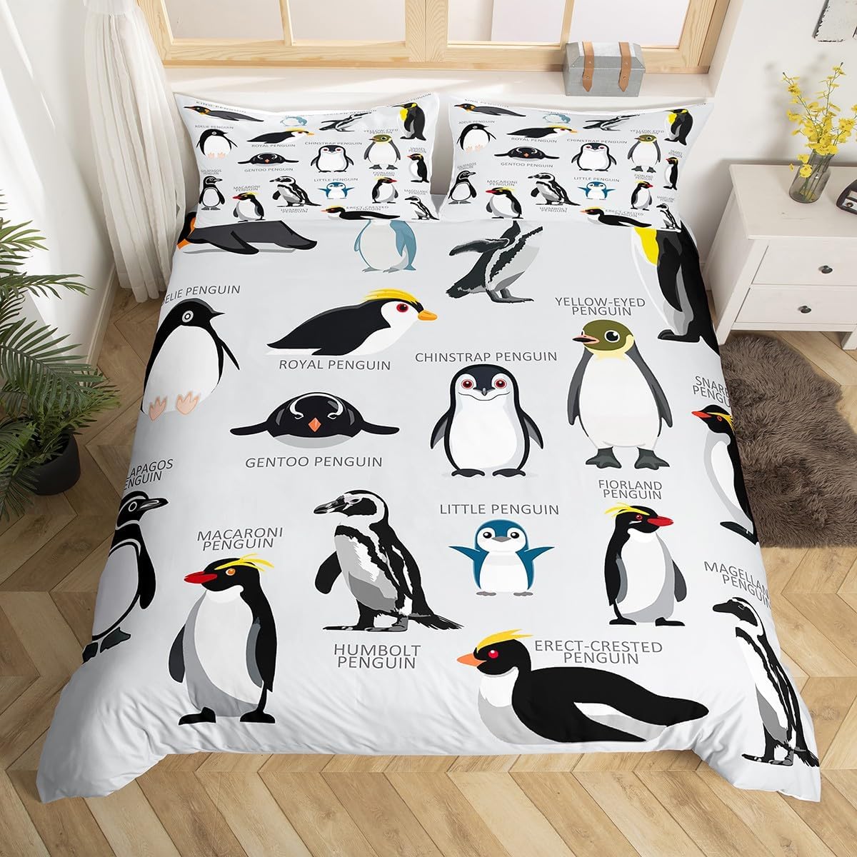 Erosebridal Penguin Comforter Cover Queen Size,Black White Penguins Bedding Set Cute Animal Duvet Cover for Kids Boys Girls Teens,Wildlife Grey Bedspread Cover with 2 Pillow Cases Bedroom Decor