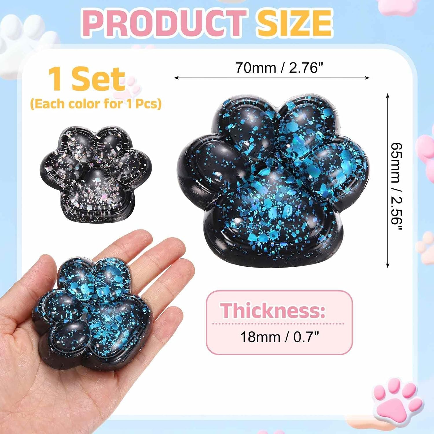 2.8 Inch Cat Paw Squeeze Toy, Cute Cat Paw Sensory Toy Soft Funny Fidget Toy Sparkling Perfect for Stress Relieving, Party Favors & Birthday Gifts (Blue/Silver, 2pcs)