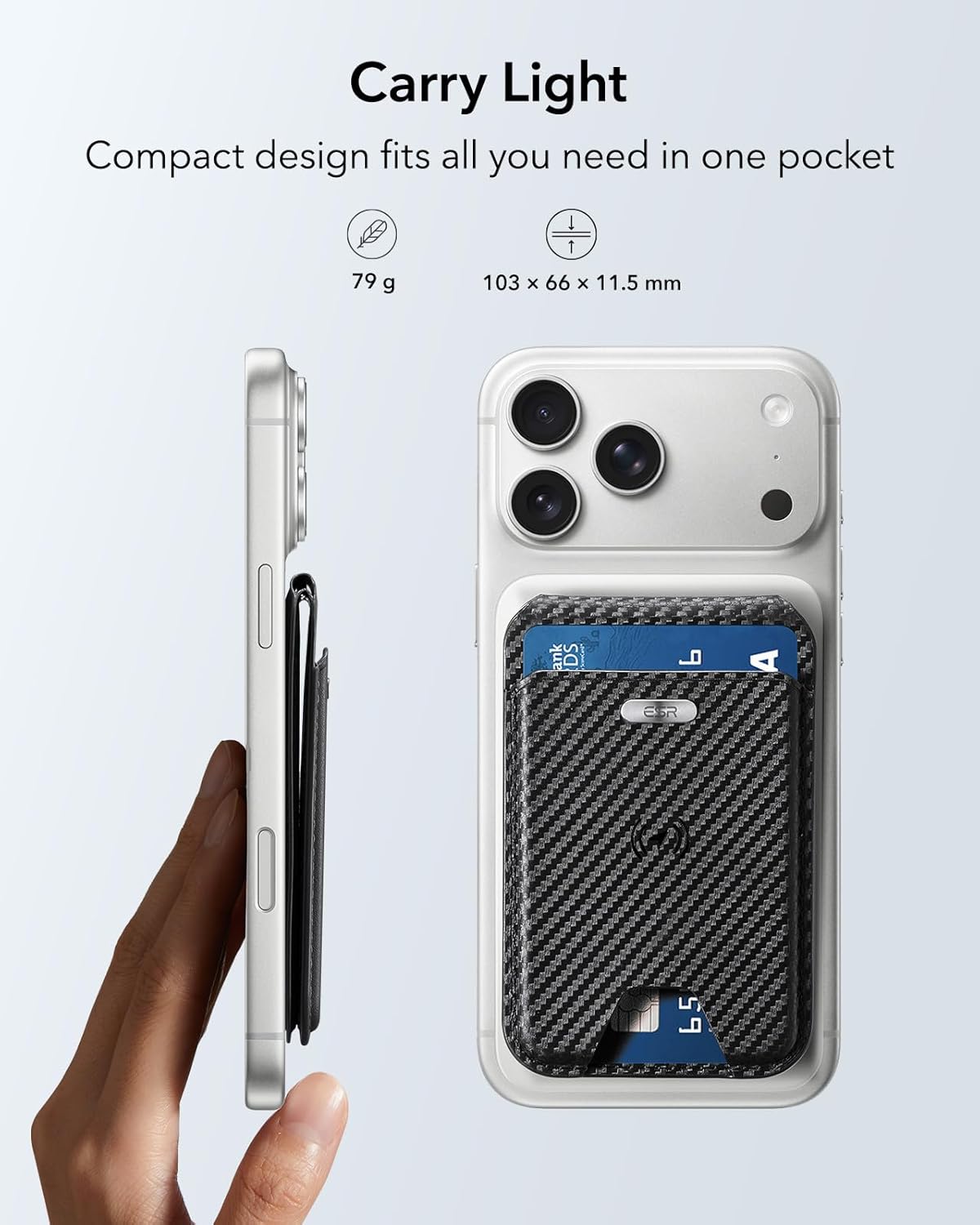 ESR Geo for MagSafe Wallet w Full Find My Functionality, 5 Card Holder, RFID Blocking, Adjustable Stand, Magnetic Wallet for iPhone 17e/17/16/15/14/13/12 Series, Not for 13/12 mini, Black Carbon Fiber