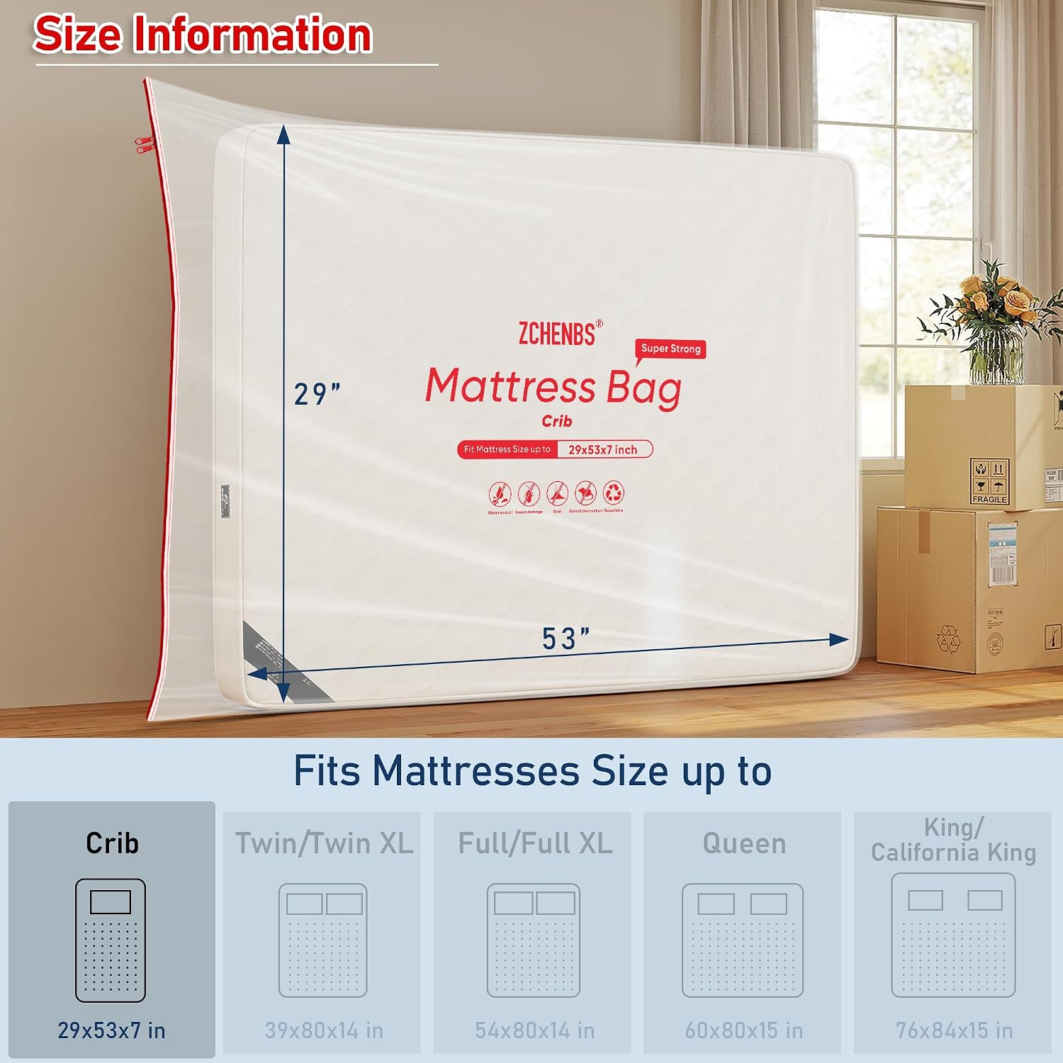 ZCHENBS® - Crib Mattress Bags for Moving, Waterproof Mattress Storage Bag with Zipper, Heavy-Duty 5 Mil Ultra-Thick Baby Bed Protector Bag Cover for Moving, Reusable (Transparent/Red, 1 Pack)