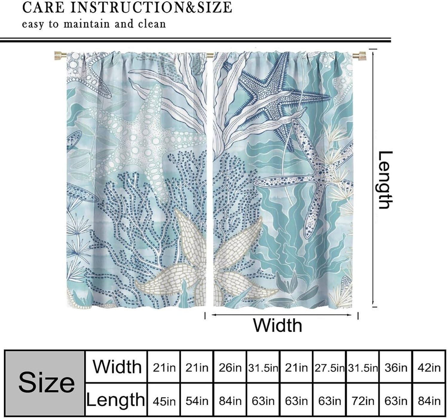 Starfish Blackout Curtains Blue Conch Seashell Coral Underwater Plant Abstract Aesthetic for Kids Girls Boys Women Bedroom Living Room Rod Pocket Decoration Window Drapes 2 Panels W21xL45in