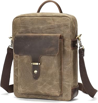 Vintage Waxed Canvas Messenger Bag for Men & Women, Lightweight Crossbody Sling Bag with Genuine Leather Work Satchel