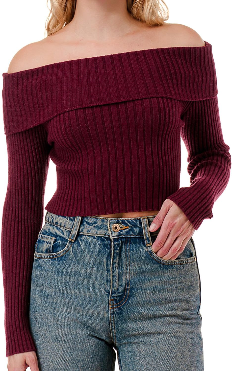 EDGY Land Off‑Shoulder Ribbed Knit Crop Top – Trendy Wide Collar Long Sleeve Sweater