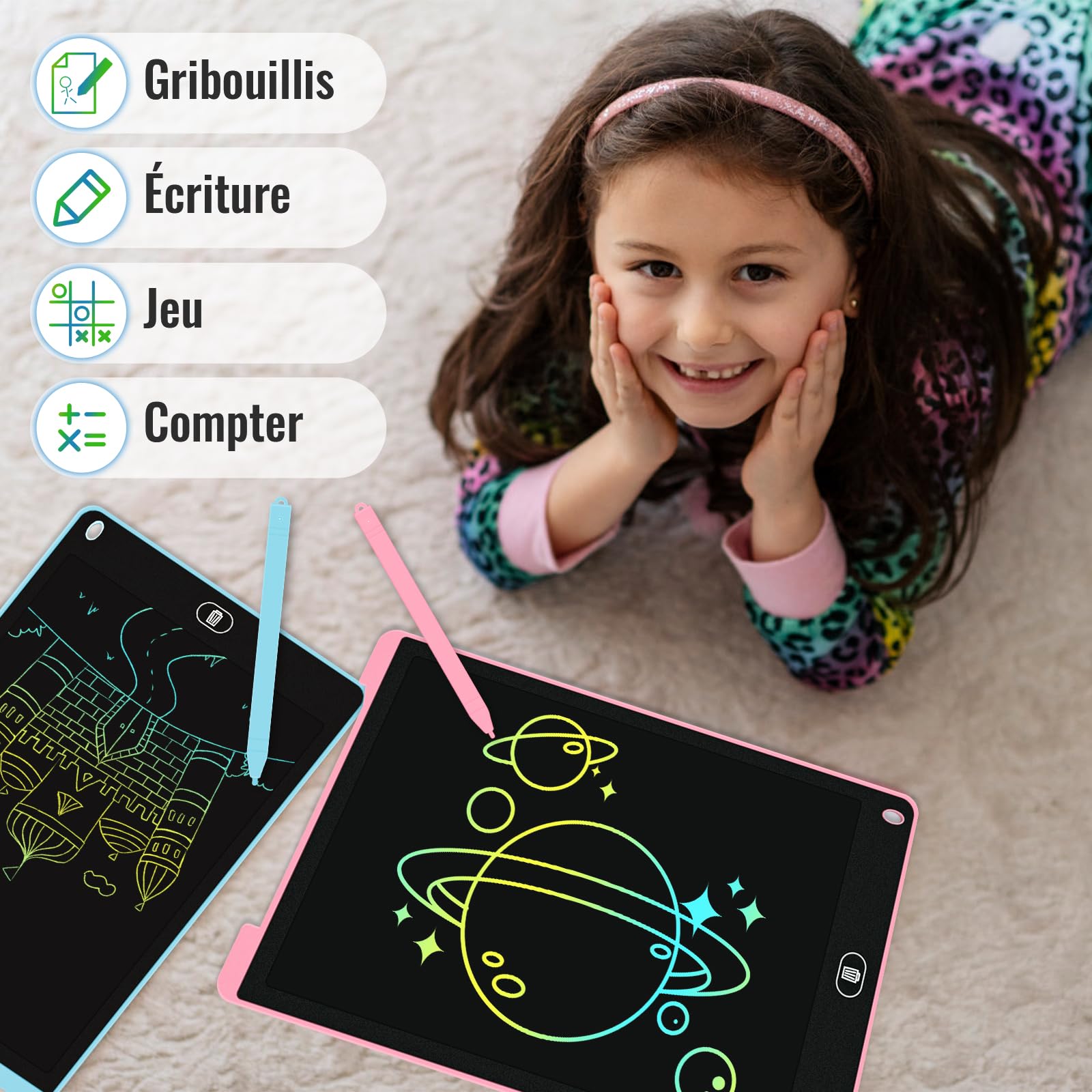 Electight Tablette Dessin Enfants 12 Pouces LCD Colorée avec Bouton Effacement Verrouillage Bleu Rose Violet