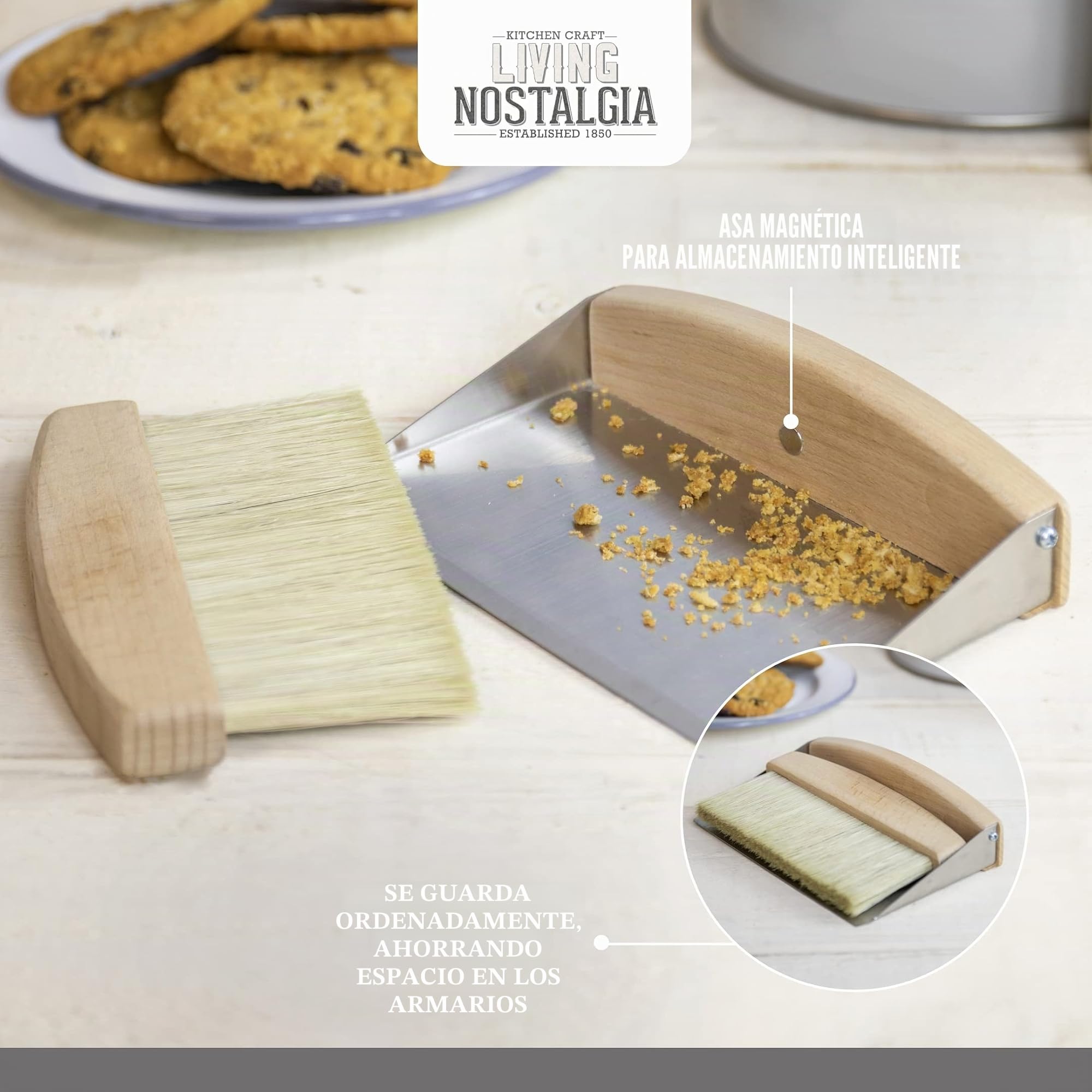 KitchenCraft Living Nostalgia Juego de Cepillo y Recogedor Sobremesa Acero Inoxidable Madera Magnéticos 16 x 11 x 4 cm