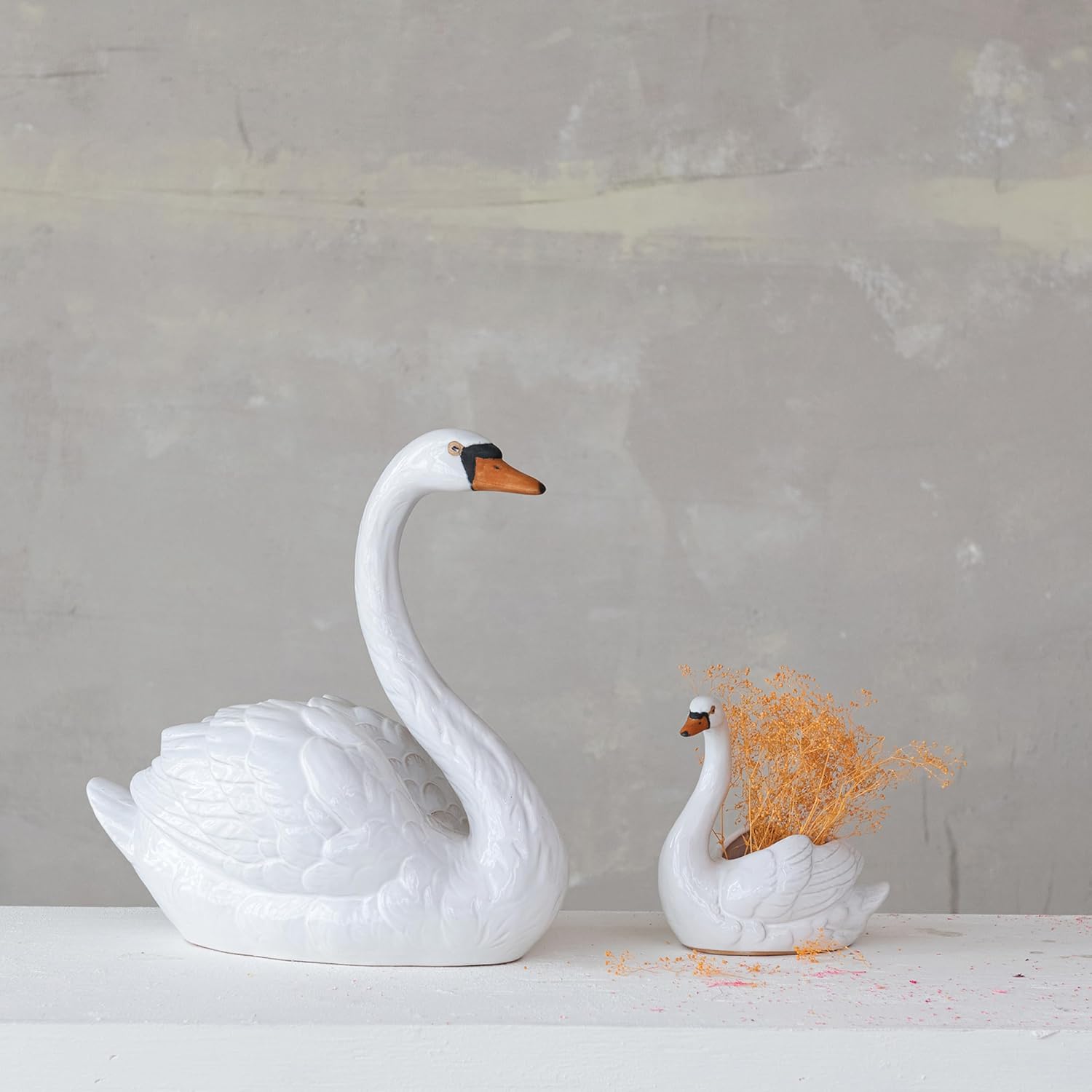 Creative Co-Op Stoneware Swan Decor, White, Black and Orange Color
