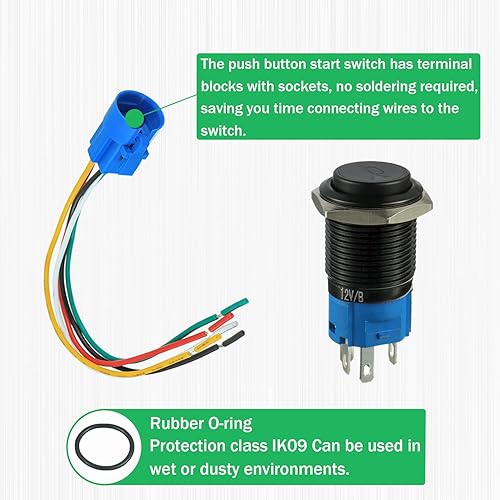 Miniatura 4 de Bocina de automóvil de 0.748 in, 12 V, botón momentáneo, luz LED, verde, altavoz de metal, interruptor de palanca de bocina de aire con cable de