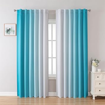 MIUCO Blackout Curtains & Drapes for Bedroom Living Room 84 Inches Long Turquoise and White Room Darkening Ombre Curtains Rod Pocket & Back Tab Curtains Thermal Insulated Light Blocking 2 Panels Set