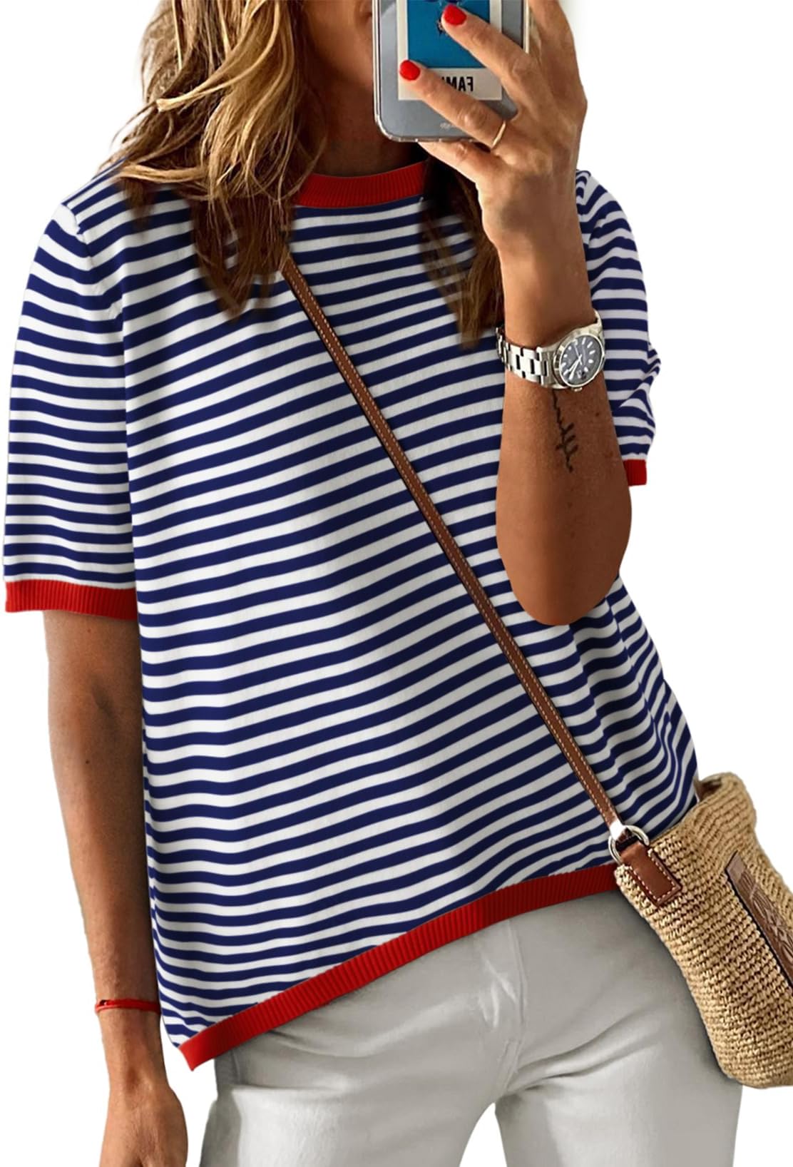 Dokotoo Womens Tops 2026 Casual Summer Crewneck Short Sleeve Striped Color Block Knit High Low Trendy Pullover Sweaters