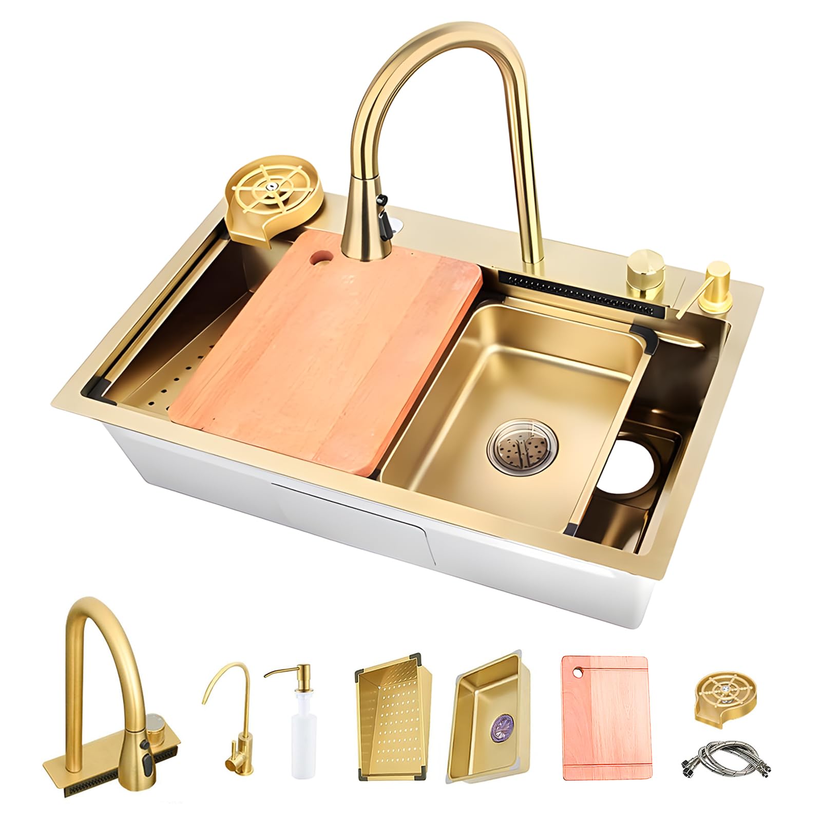 Évier de cuisine avec robinet extensible réglable et système cascade innovant intégré