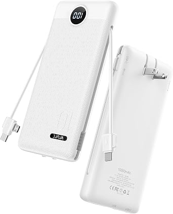 VRURC 10000mAh Portable Phone Charger, Built-in AC Plug & Cables, White