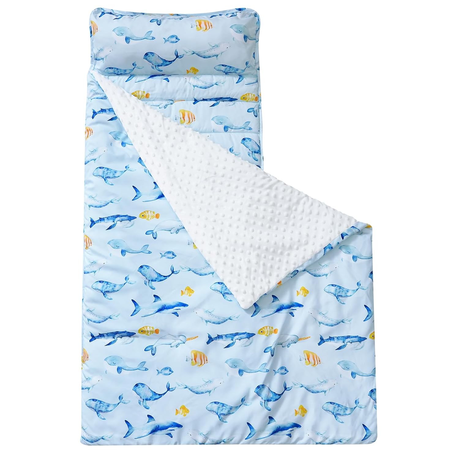 david's kids Toddler Nap Mat with Removable Pillow and Minky Fleece Blanket, Ultra Soft Slumber Bags for Boys, Perfect for Preschool, Daycare, Kids Sleeping Bags with Rollup Design, 50"x20", Whale