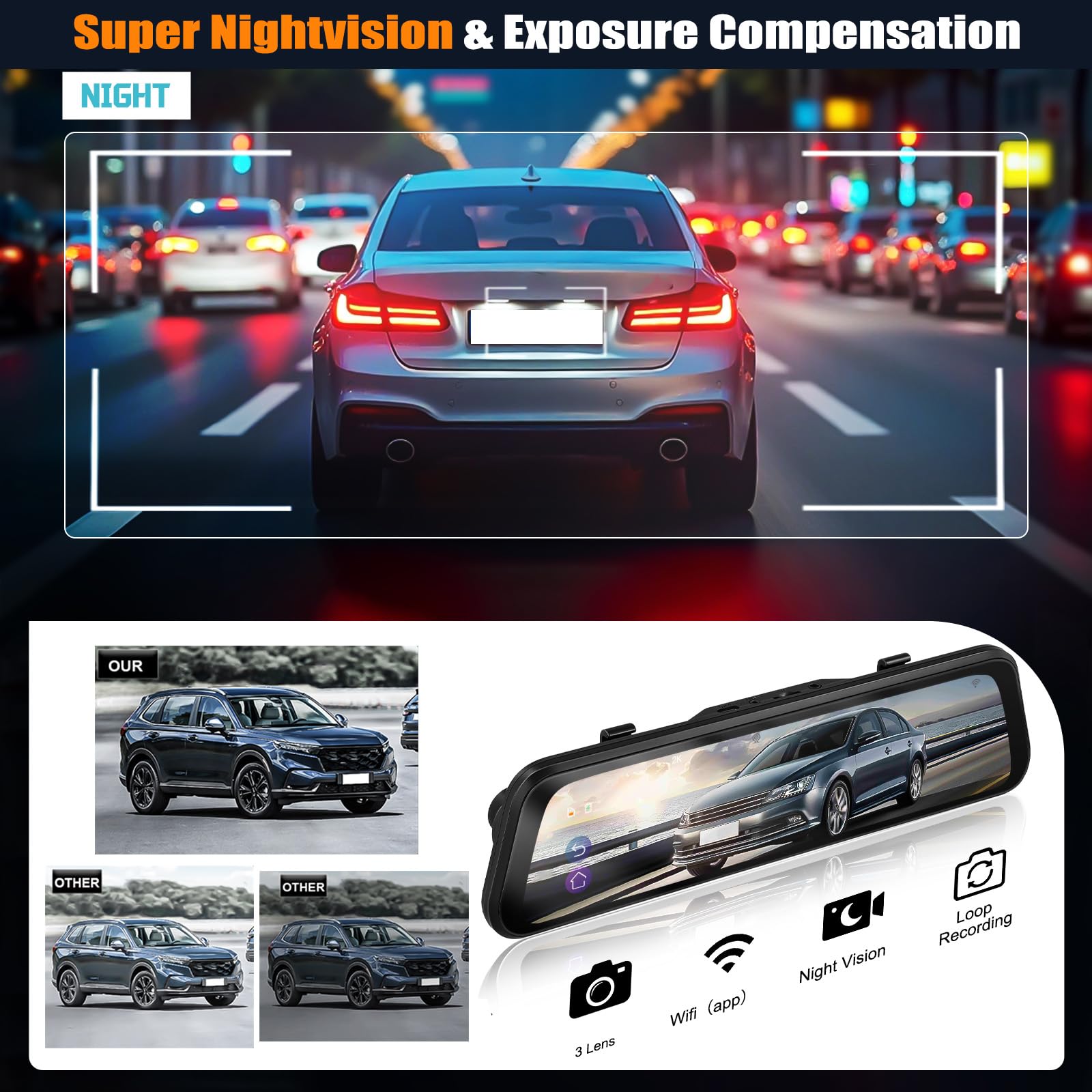 CAMECHO 9.66 Pollici 2K Mirror Dashcam Auto con 2 Telecamere 1080P, Anteriore 150° e Posteriore Dash Cam 120° con Linea inversa, Visione Notturna, Sensore G, Scheda da 64 GB WIFI APP