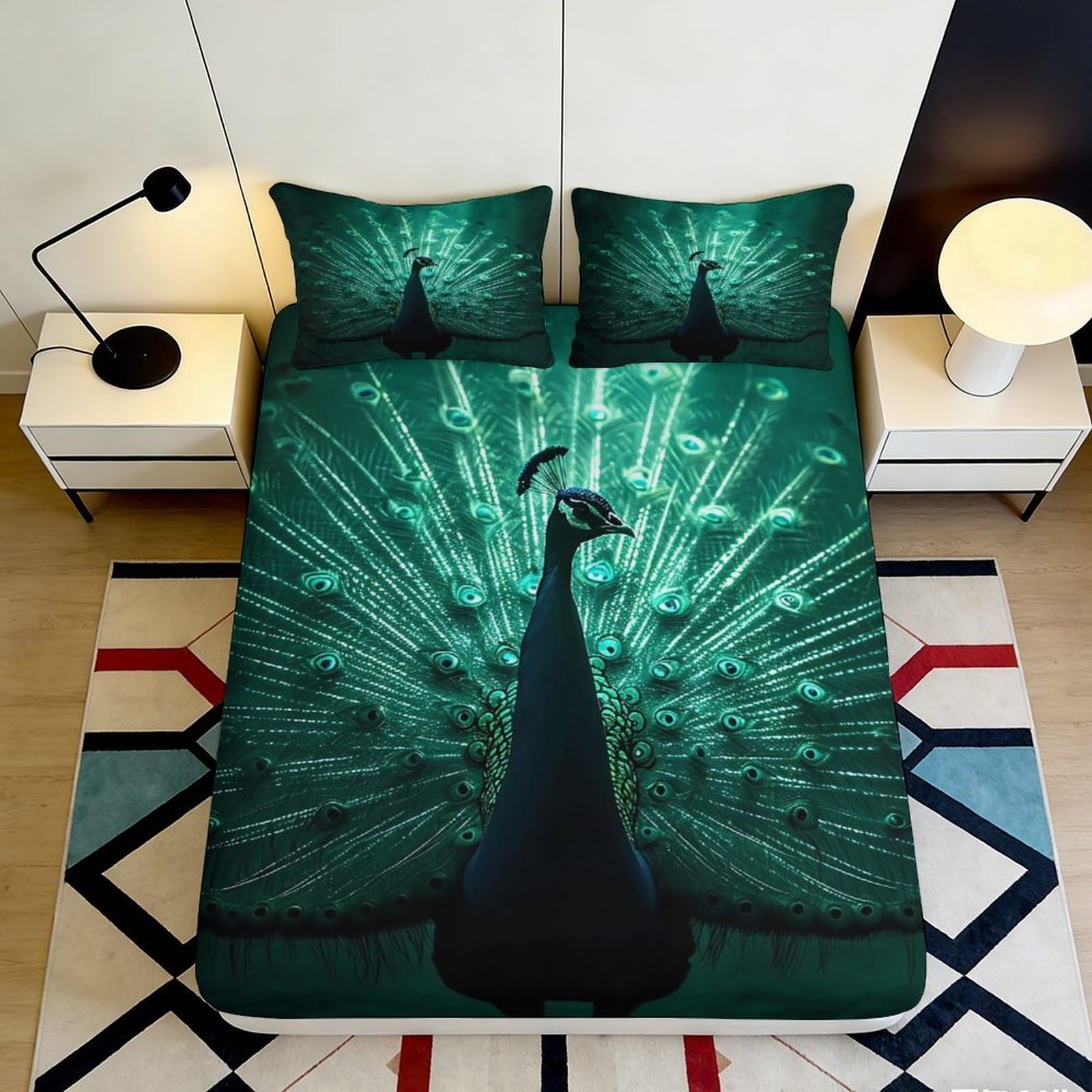 3D Printed Peacock Green Fitted Sheet Microfiber Soft Mattress Cover Artistic Feather Bed Sheet Bedroom Decor 90x200x25cm