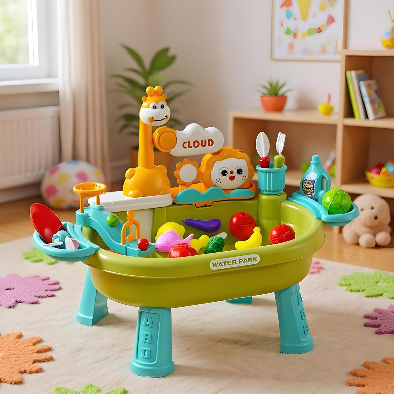 子供用水遊びテーブル | 砂と水の知育アクティビティテーブル - キッチンごっこ遊びと魚釣りゲーム付き 保育園/幼稚園対応 室内・夏